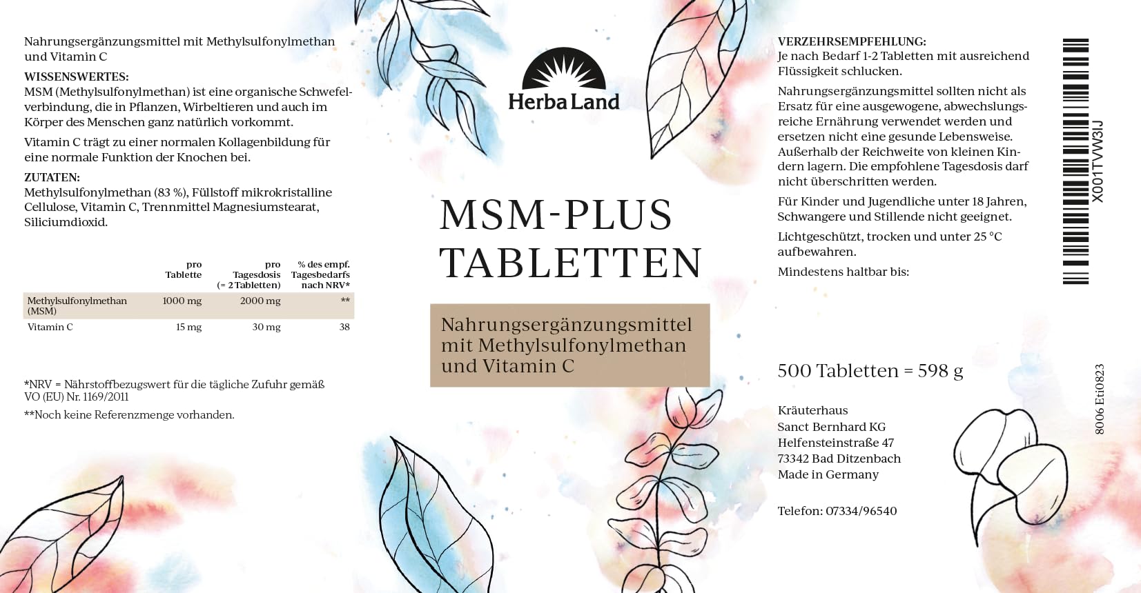 Herbaland® MSM Kapseln hochdosiert | 2000 mg MSM Pulver & 60 mg Vitamin C pro Tag | 500 vegane Schwefel Kapseln für 8 Monate | Methylsulfonylmethan | Laborgeprüfte Qualität | Made in Germany