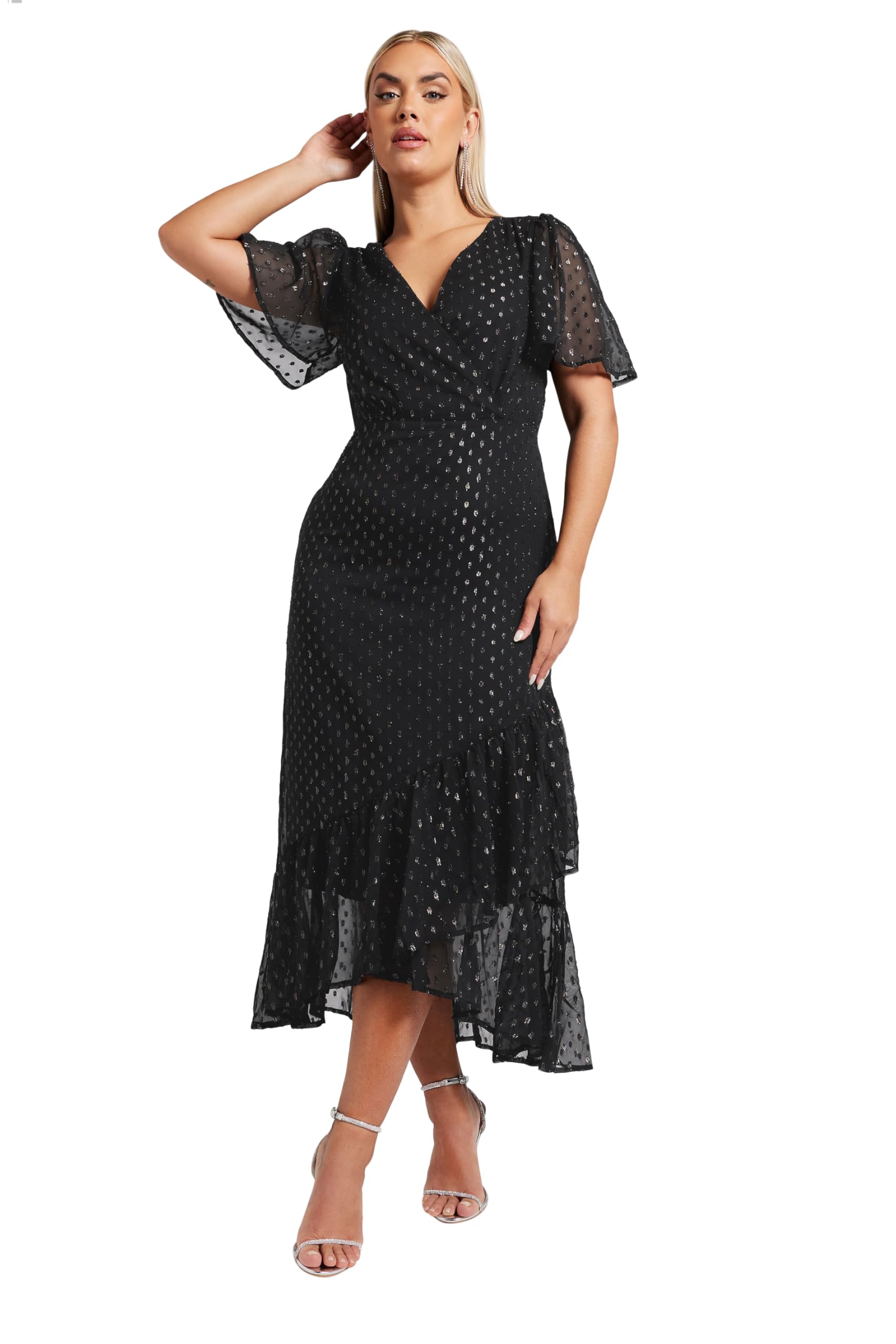 Yours Women's Black London Curve Metallic Dobby Wrap Dress - Plus Size Curve