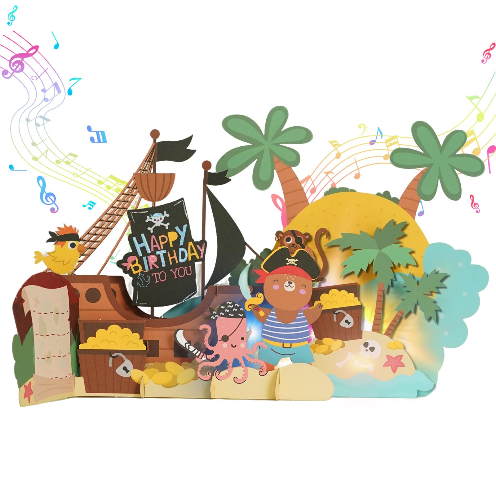 APOTODITO Birthday Cards for Kids, 3D Pirate Ship Card with Music & Light, Birthday Gifts for Kids Children Boys Son Grandson (please remember to remove the white panel protection card)