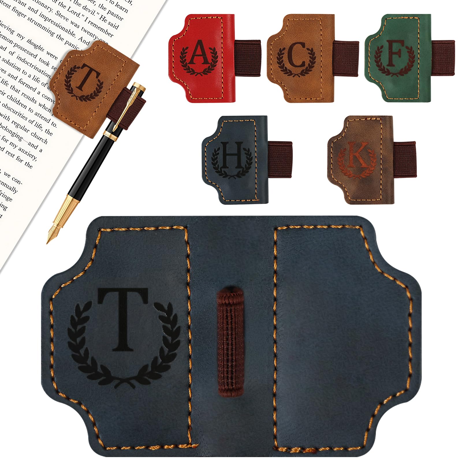 LACGO Vintage Leather Bookmark,Magnetic Book Mark with Pen Holder,Personalised Book Gift with Letter, Classic Stitched Leather Bookmark,Gift for Christmas,Birthday (Blue, T)