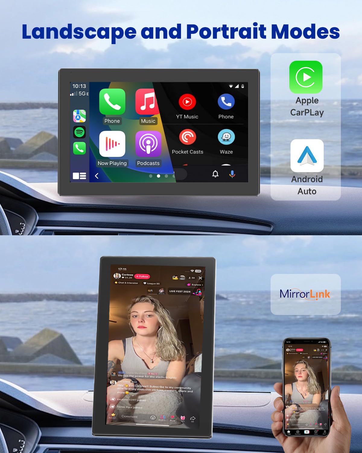 Spedal 7" CarPlay Screen con Android Auto, CL798 Touchscreen Portatile con Modalità Ritratto e Paesaggio, Staffa Magnetica, Navigazione, Collegamento Specchio, Bluetooth, Controllo Vocale