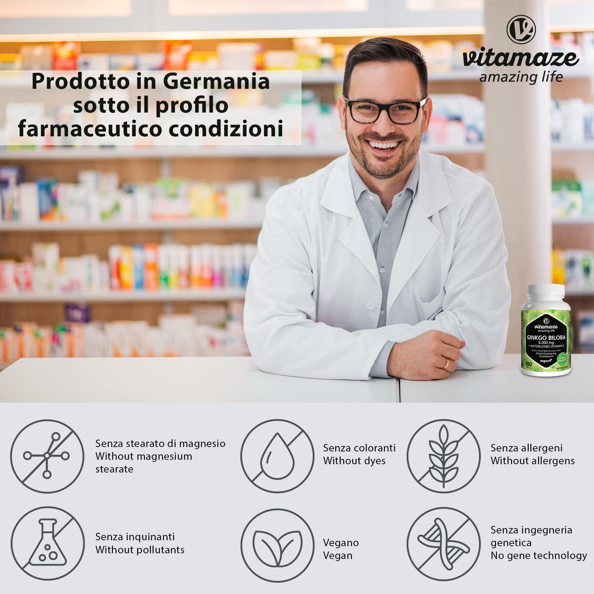 Ginkgo Biloba Complex 6000 mg (50:1) con L Carnitina + Vitamina E e Estratto de Acai, Alto Dosaggio & Vegano, 100 Capsule, Integratore Senza Additivi non Necessari, Qualità Tedesca, Vitamaze