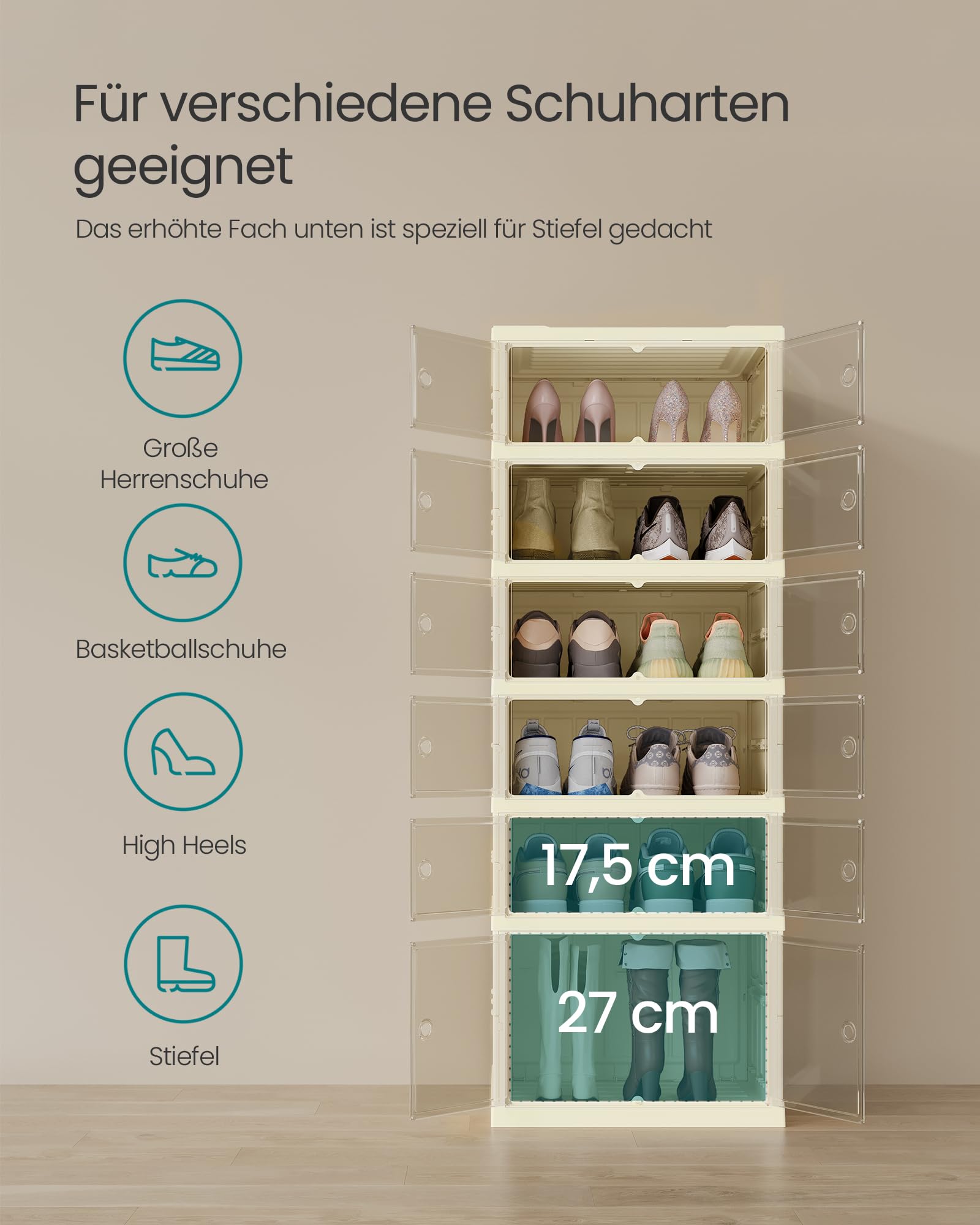 SONGMICS Schuhschrank, schmal, faltbar, Schuhregal, Organizer, transparente Tür, für 12 Paar, für Stiefel, Turnschuhe, Flur, Wohnzimmer, 6 Ebenen, Cremeweiß LSP912WD01