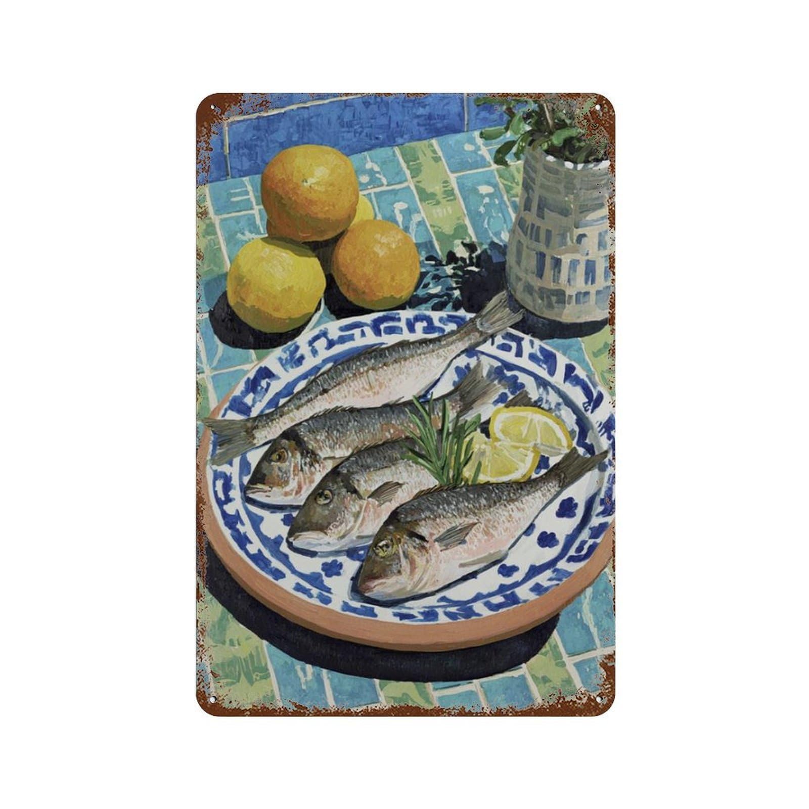 xiaoxiaoshen Mediterranean Fish And Lemons Kitchen Coastal Still Life Blue Tile Food Wall Decor Art Metal Tin Poster Modern Home Decor Art Home Bar Shop Decorations Vintage Sign 30x20cm