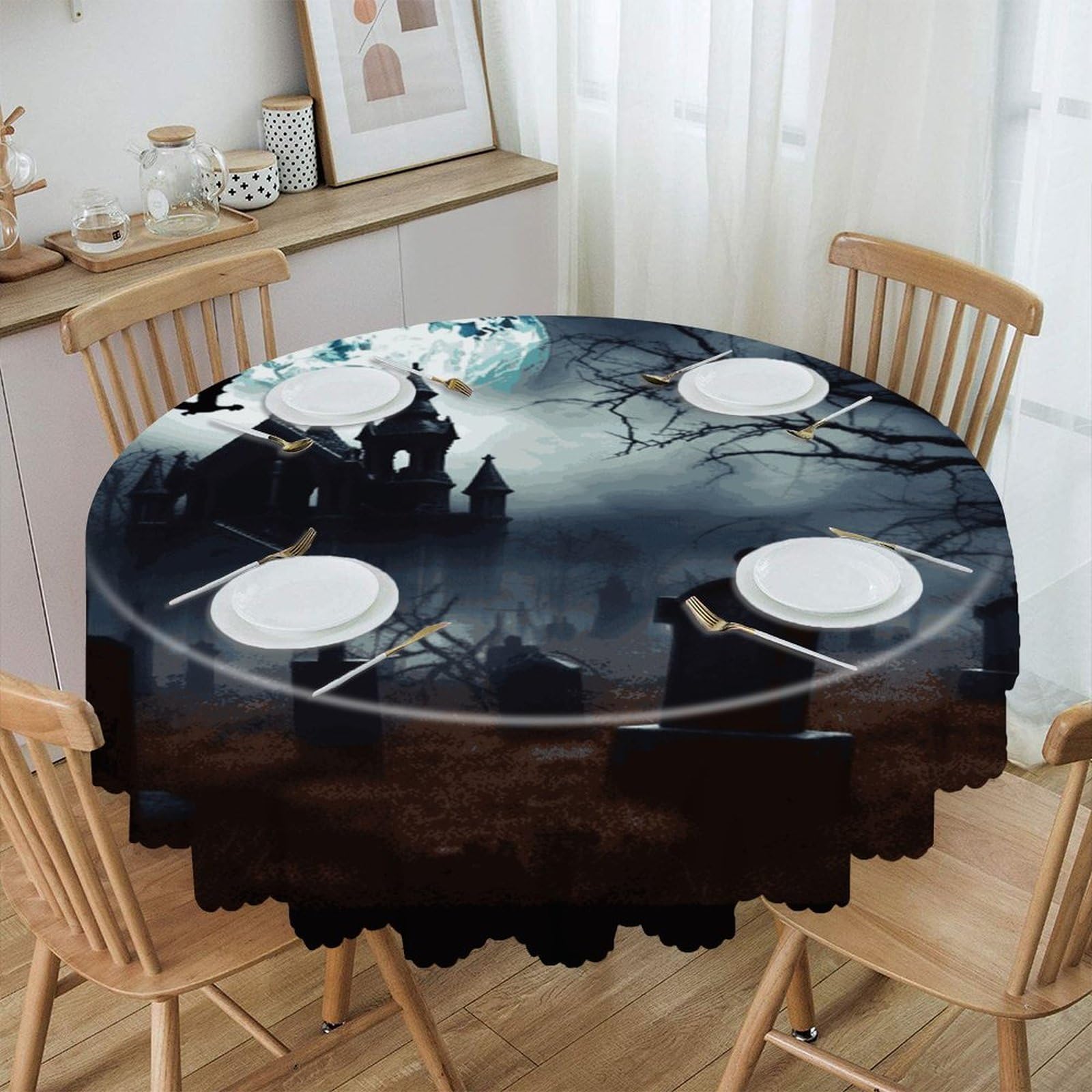FekiLoot 60 Inch Round Gothic Happy Halloween Tablecloth Waterproof Heavy Duty Polyester Table Cloth Spill-Proof Wipeable Table Cover Decorative Circle Dining Tablecover for Party Outdoor