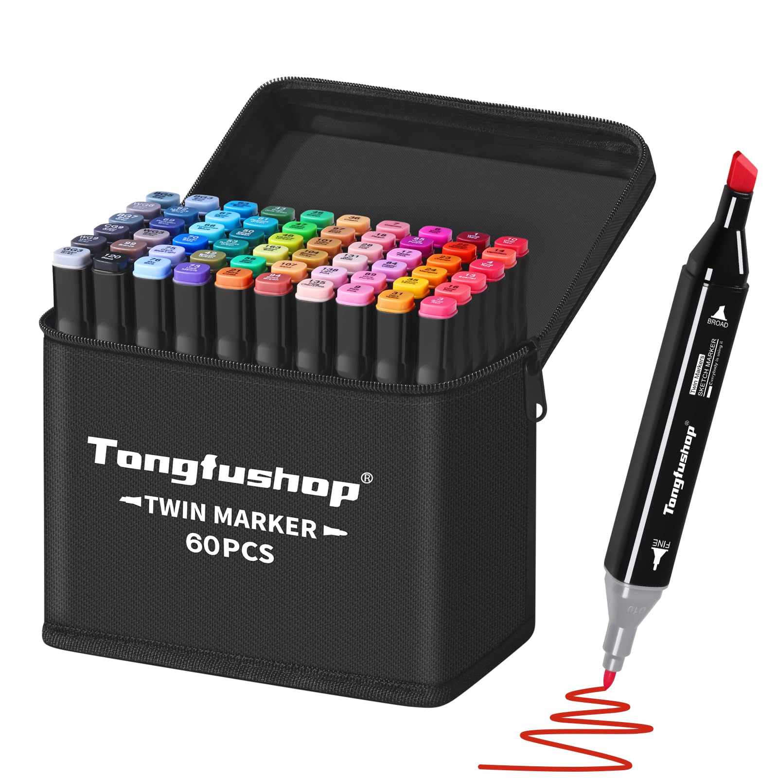 Tongfushop Marcatore 60 Colori, Pennarelli Professionali, Pennarelli Doppia Punta, Marcatore Set con Borsa e Distanziatore, Marker Set per Sketch, Colorare, Illustrazioni, Disegnare, Anime