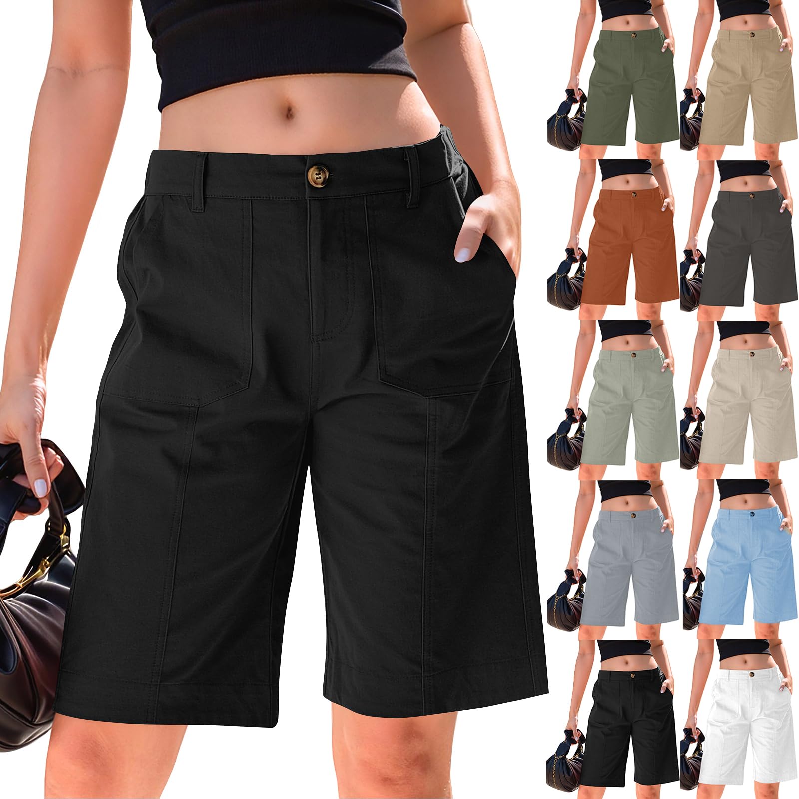 Bermuda Shorts for Women Knee Length Summer Casual High Waisted Knee Length Long Shorts with Pockets Elastic Wasit Cotton Baggy Jorts Dressy Wide Leg Chino Short Trendy Pull On Stretchy Hiking Short