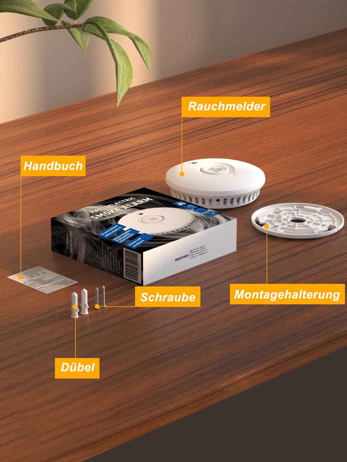Rauchmelder mit 10-Jahres-Batterie, 4er-Set, 85 dB, Magnetplatte, DIN EN 14604, Test/Hush-Taste, Deckenmontage