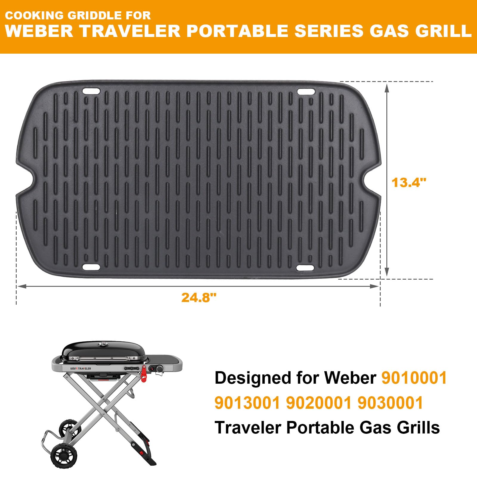 Cast Iron Grill Griddle for Weber 9010001 9011701 9013001 9020001 9030001 Traveler Portable Grill Accessories, Reversible Full Size Cooking Plate with Carry Bag