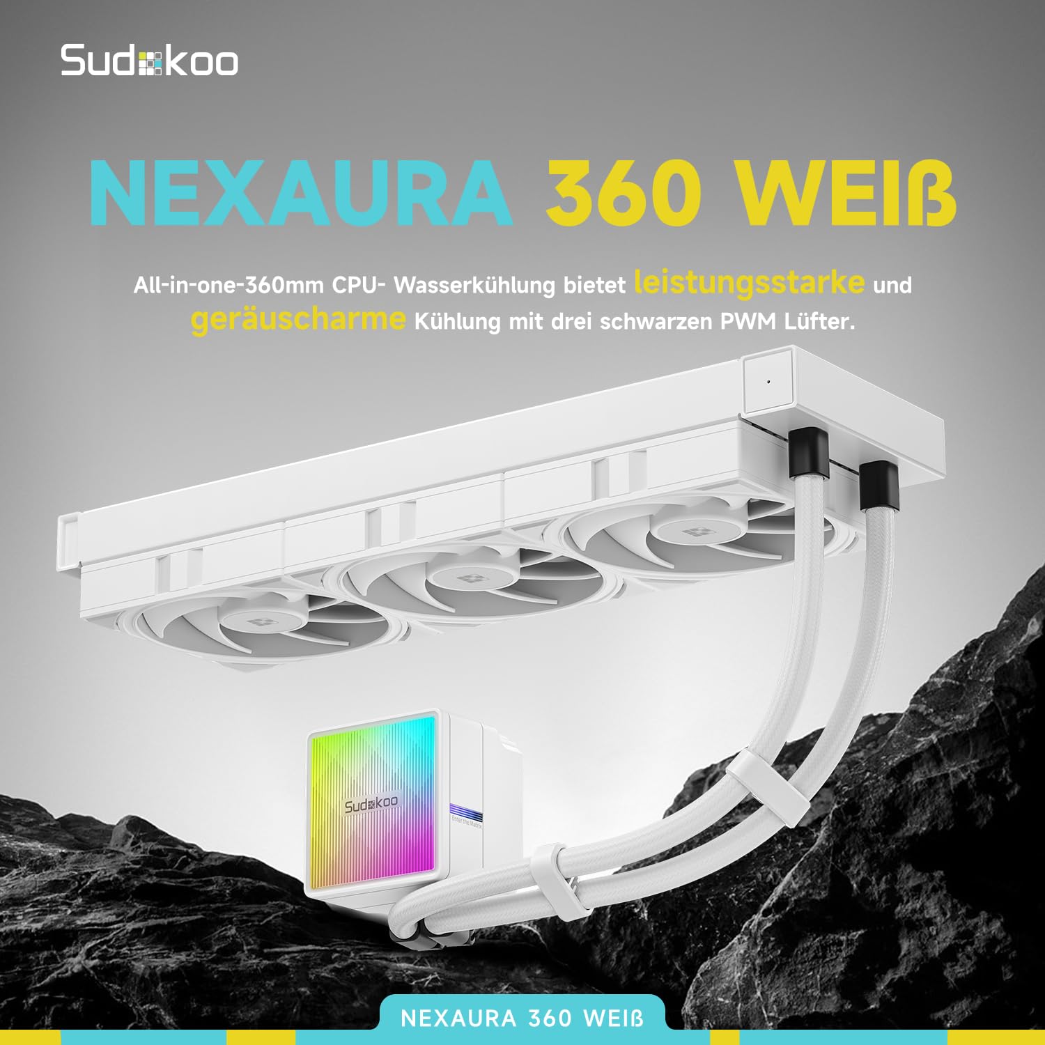 Sudokoo NEXAURA 360 WeIß CPU Wasserkühlung : AIO Wasserkühlung 360mm mit 3x FDB PWM Lüfter & ARGB PWM Pumpe van 2500–3600 RPM - CPU Kühler TDP 300W für Intel LGA 1851/1700/1200/115X AMD AM5/AM4