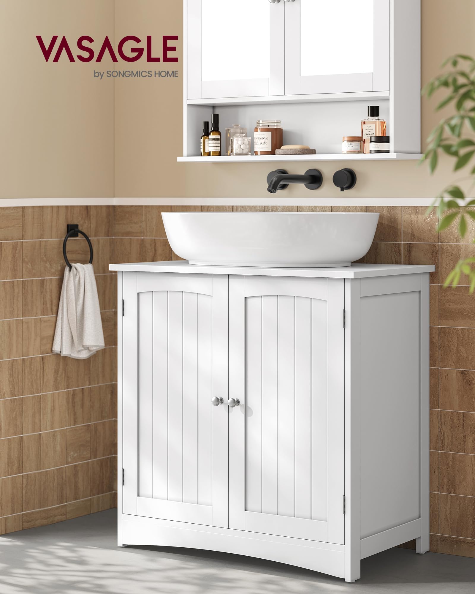 VASAGLE Aramrio de Lavabo, Armario Debajo de Lavabo, Mueble de Baño, con 2 Puertas, Estante Ajustable, Amplio Espacio de Almacenamiento, Estilo Moderno, 40 x 70 x 70 cm, Blanco Nube BBC011W01
