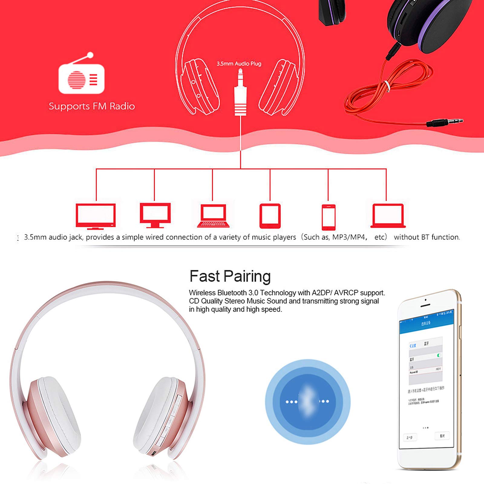 Andoer Wireless Bluetooth Over Ear Stereo Foldable Headphones, Wireless