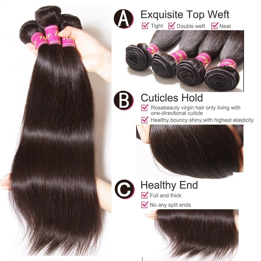 UNICE Hair 10A Malaysian Straight Human Hair 4 Bundles Unprocessed Virgin Human Hair Weave Extensions (24 24 24 24, Natural Black)