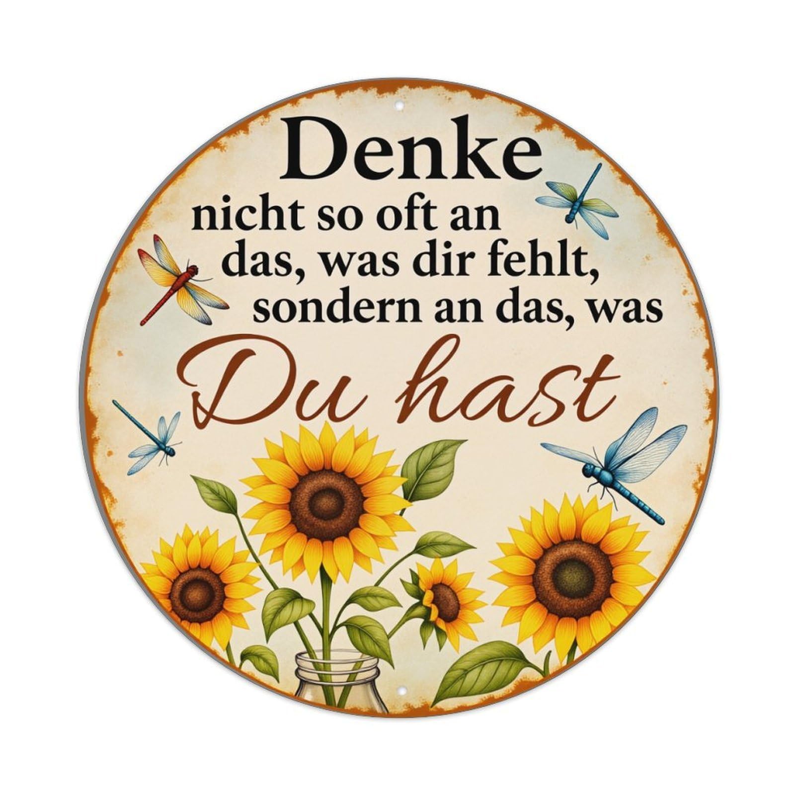 Sunflowers Dragonflies Jar Leaves Text Round Vintage Tin Sign,Retro Wall Art,Metal Poster for Home, Bar, Garage, Cafe, Rustic Indoor & Outdoor Decor, 8x8 Inches