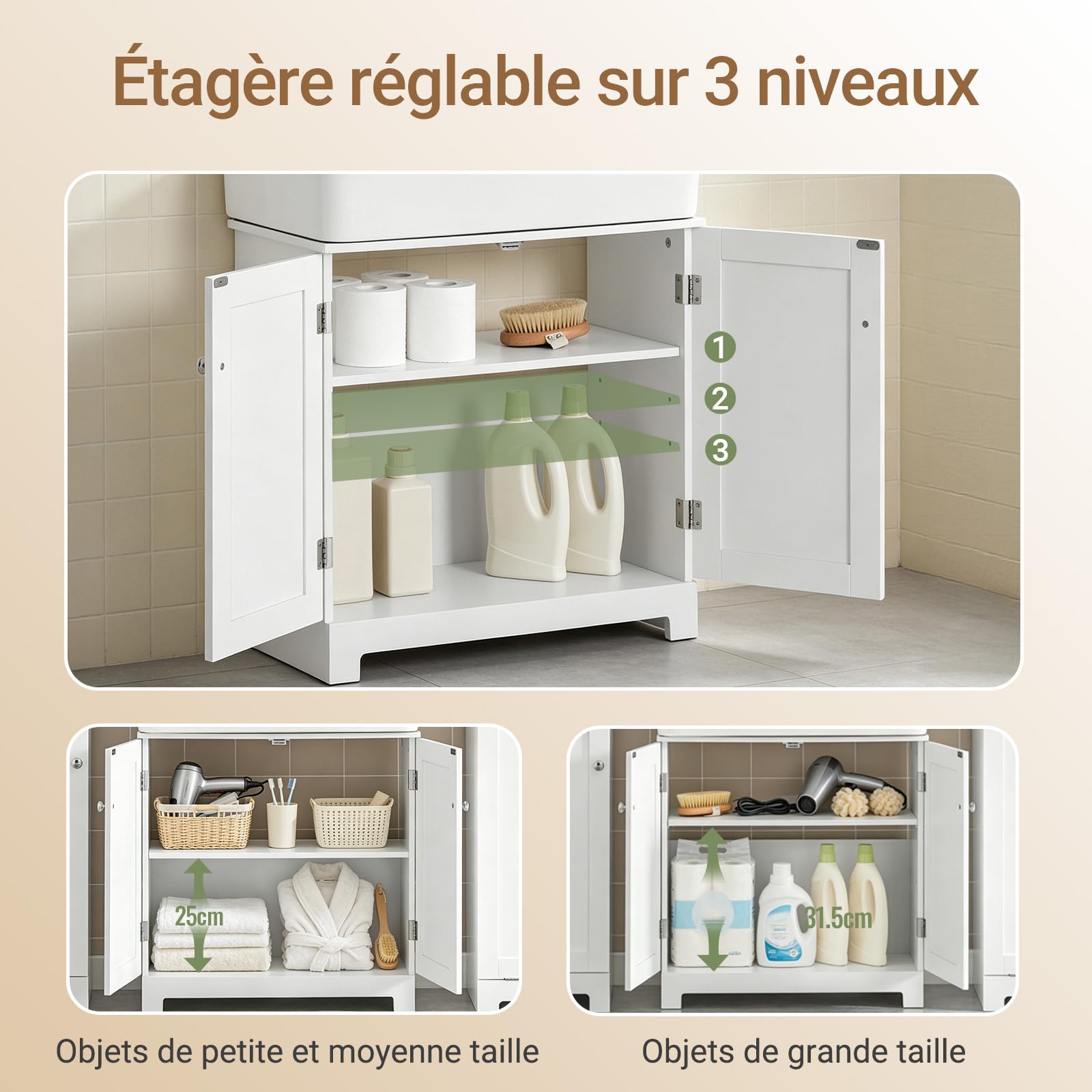 SoBuy Meuble sous Lavabo Salle de Bain avec Découpe pour Siphon 60x60x29 cm
