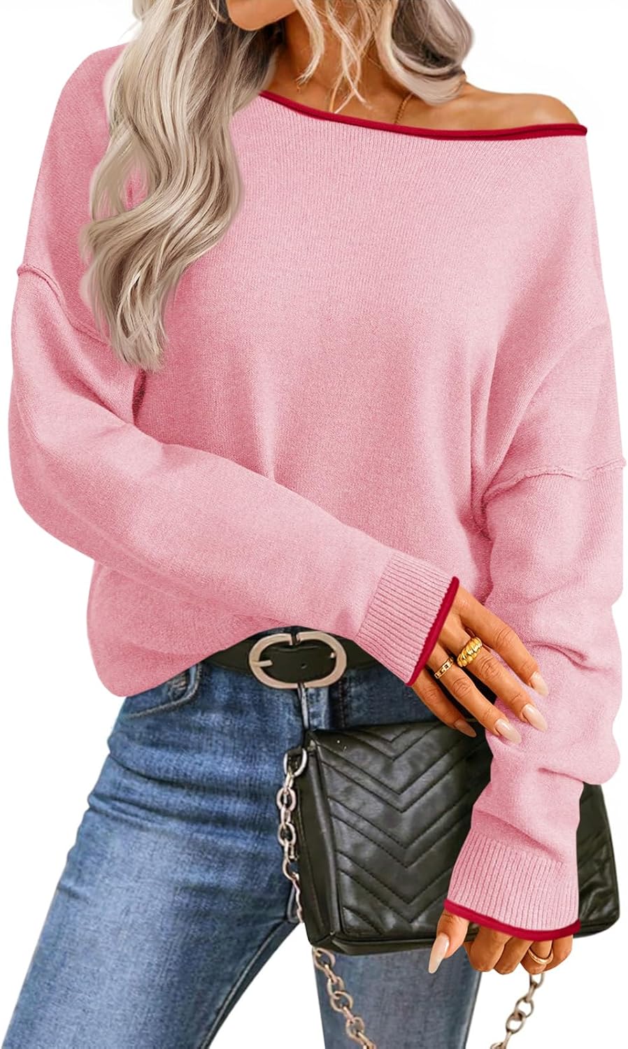 Saodimallsu Womens Off The Shoulder Sweater Oversized Long Sleeve Knit Sweaters 2025 Casual Color Block Trendy Jumper Tops