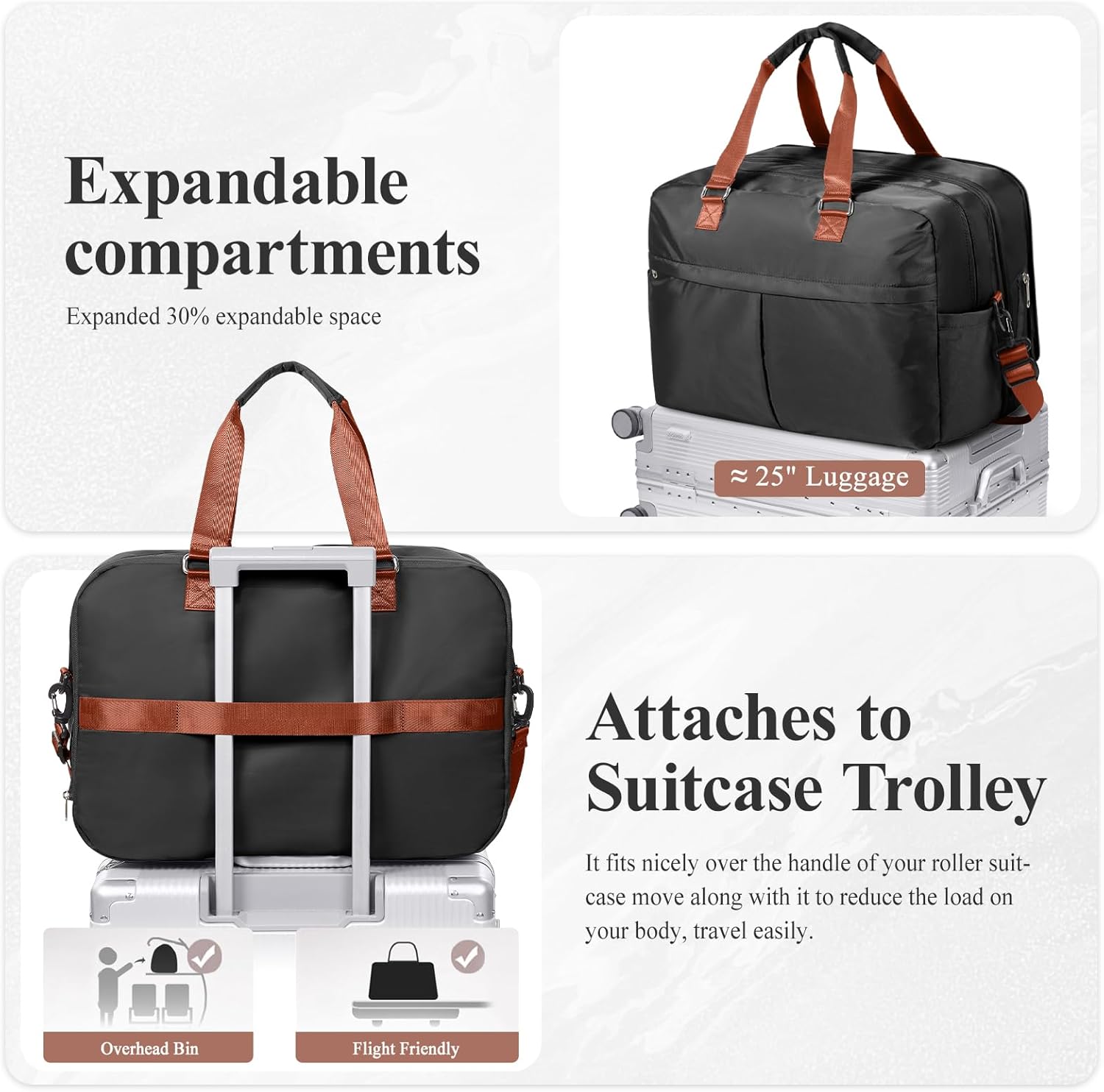 Expandable Personal Item Travel Duffle Bag Weekender Bag for Women Men, Overnight Hospital Carry On Bag with Toiletry Bag for Airplanes Travel Business Trips Sport,Black & Brown - Image 8