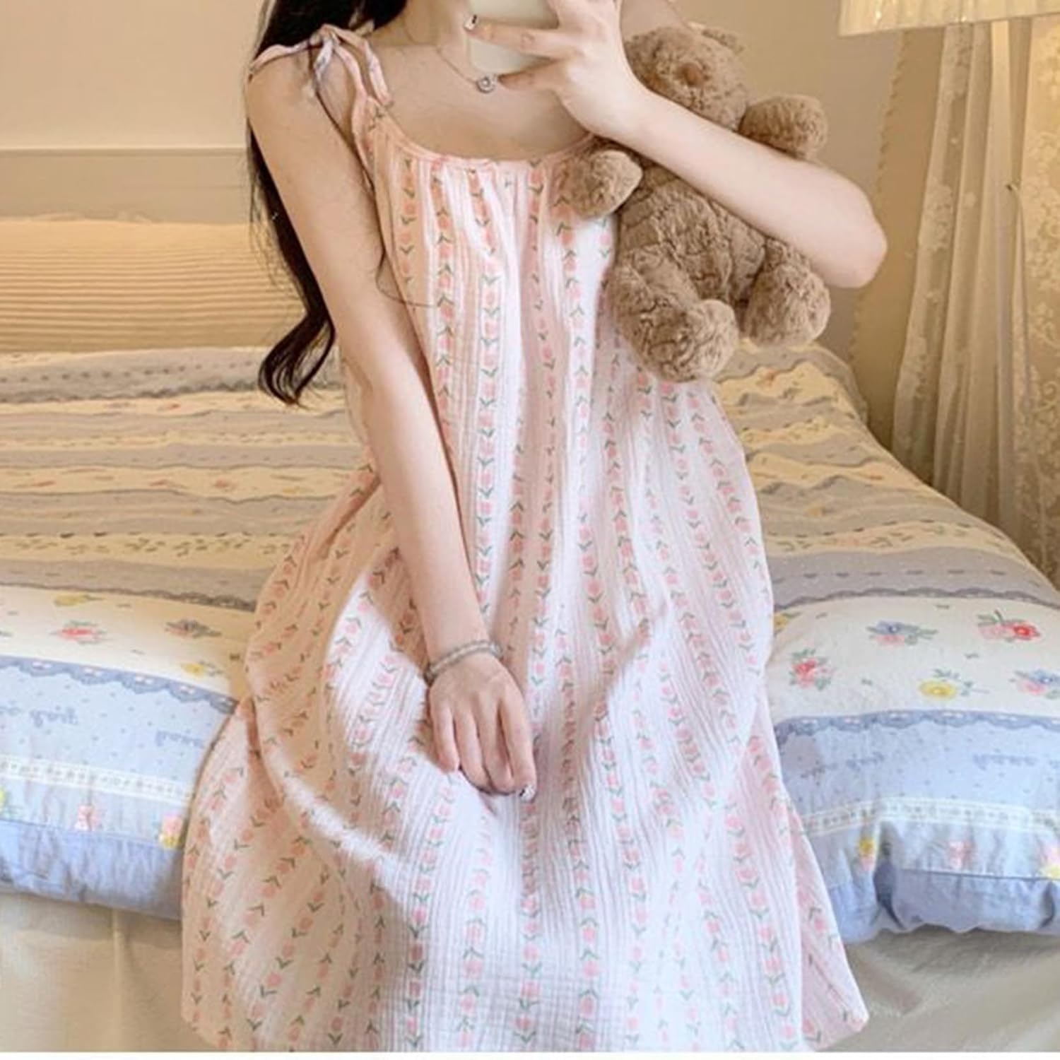 [GUREITOJP] ネグリジェ パジャマ レディース 春夏 秋 ノースリーブ かわいい キャミソール フラワー 部屋着 ルームワ