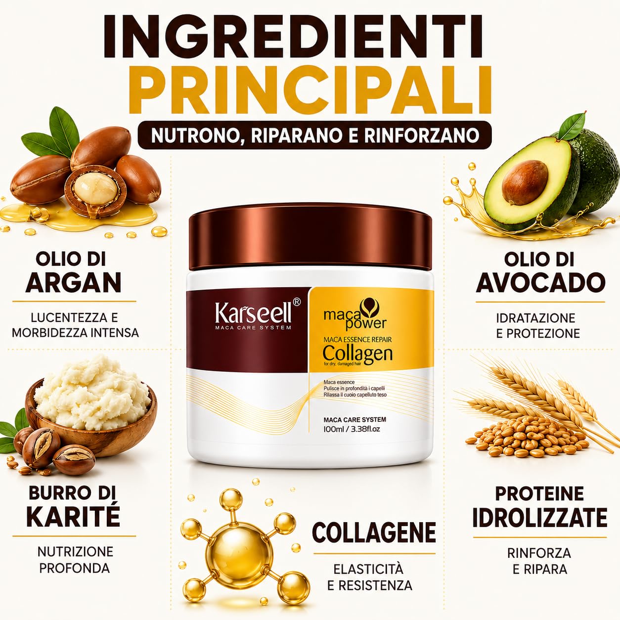 Karseell MACA CARE SYSTEM Maschera Capelli Professionale Collagene Argan Cocco Karité Nutriente Idratante Riparatrice Anticrespo Capelli Secchi Danneggiati Crespi Senza Solfati Formato Viaggio 100ml