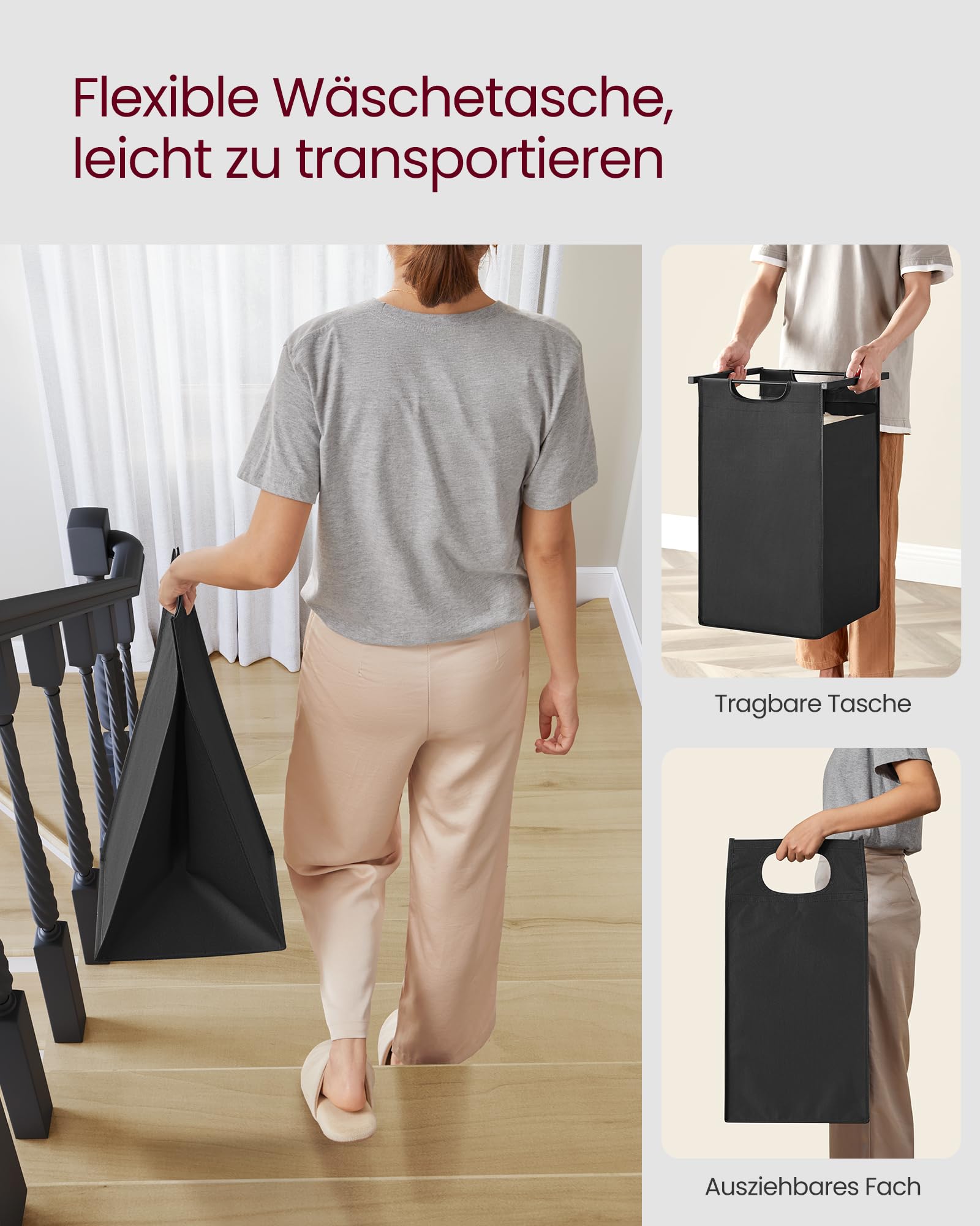 VASAGLE Wäschekorb 2 Fächer, Wäschesammler mit Ablage, Wäschebox, Wäschesack aus Oxford-Gewebe abnehmbar, Metallrahmen, 2 x 46 L, 73 x 33 x 72 cm, tintenschwarz-vintagebraun BLH201B01