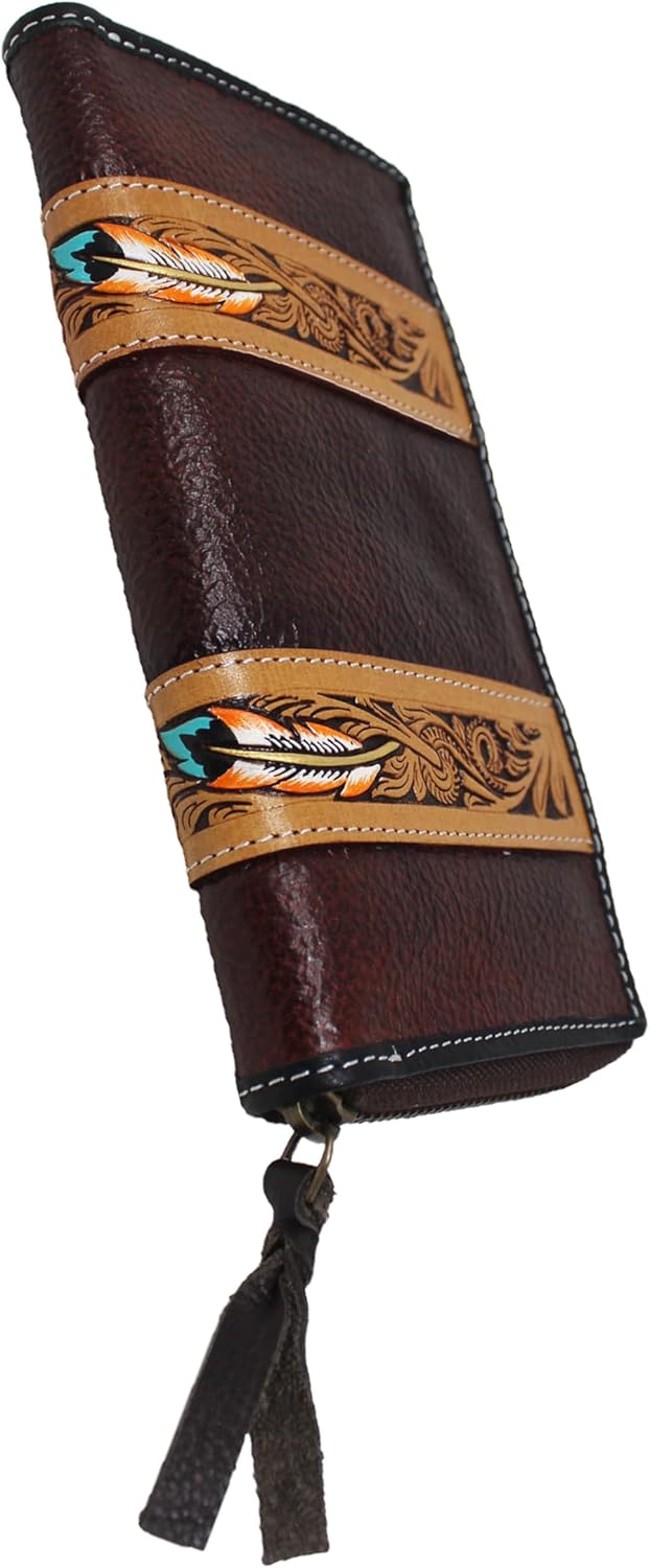 CHALLENGER Women's Western Painted Floral Tooled Leather Buckstitch Zippered Wallet Clutch 18FKW95C