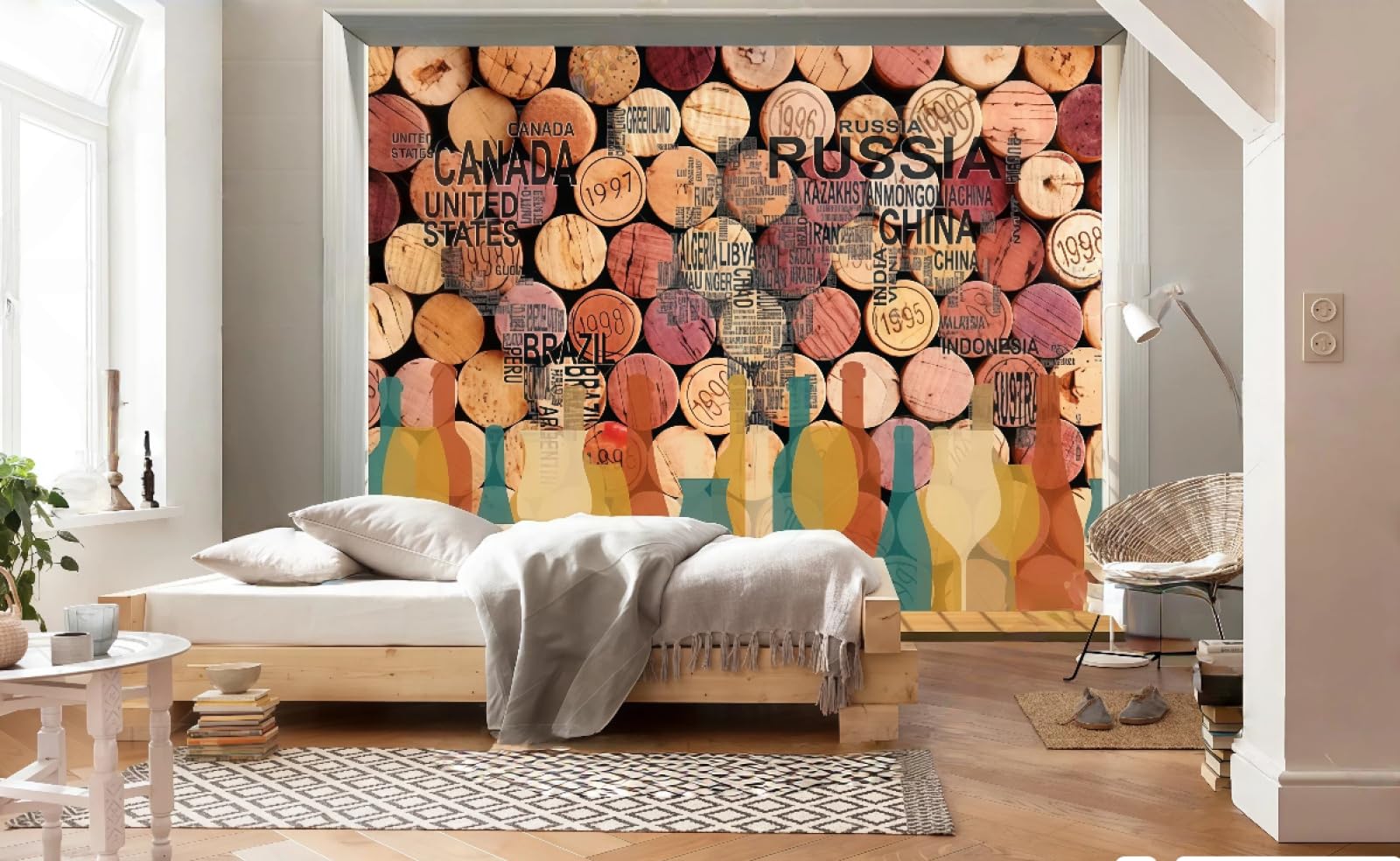 rskjdghshd Wallpaper Retro Cork English Alphabet Map Wine Bottle Theme Bar Western Restaurant Background Wall Mural Afternoon Tea Coffee Shop Wallpaper,3D,150x105cm