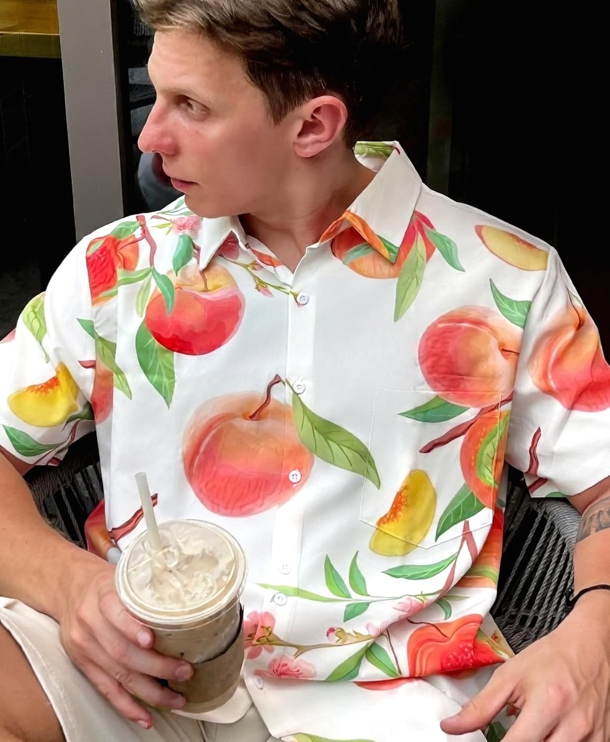 Men's Hawaiian Floral Print Button-Down Shirt, Tropical Floral Short Sleeve,Beach Party Shirt - Image 3