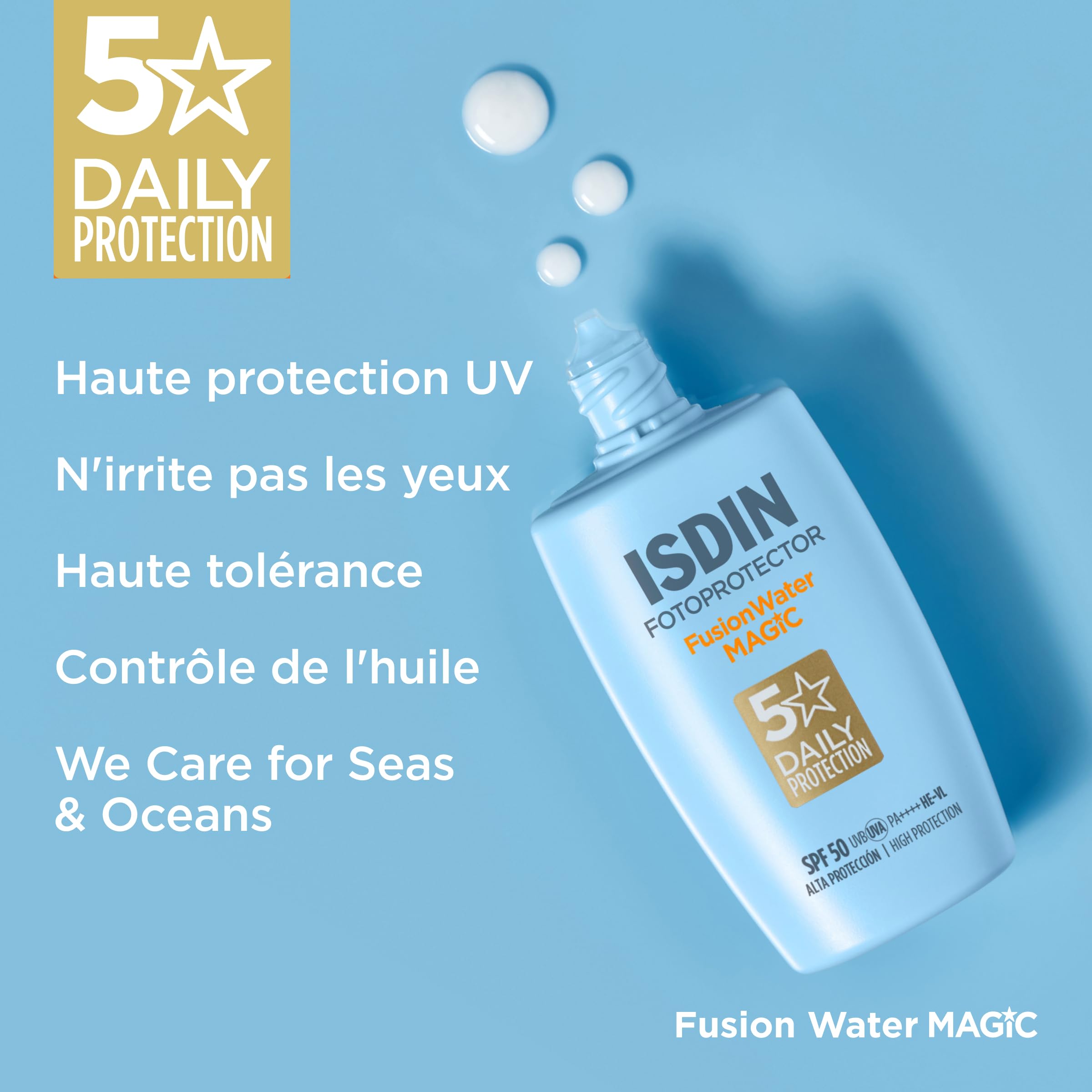 ISDIN Fusion Water MAGIC SPF 50 (50 ml) | Crème Solaire Visage à l'Acide Hyaluronique | Texture Ultra-légère & Fini Invisible | Sans Octocrylène