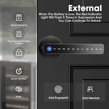 Smart Fingerprint Door Lock,Keyless Entry Keypad Door Lock with Handle,Automatic Smart Door Handle with APP Control/Fingerprint/IC Cards/Password/Backup Keys, Electronic Digital Locks Suit