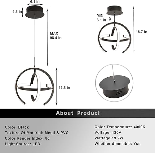 Miniatura 6 de Kinglong Candelabro LED moderno negro, lámpara colgante redonda de 4000 K para comedor, cocina, isla, dormitorio, sala de estar, vestíbulo, escalera