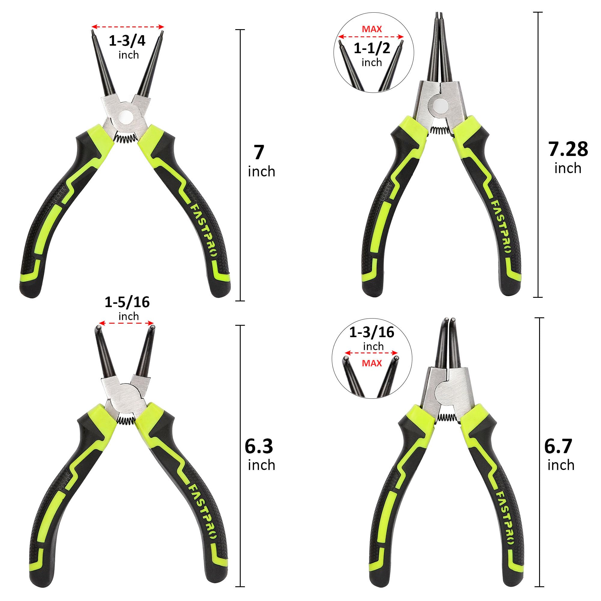 FASTPRO Juego de 4 alicates de anillo a presión de 7 pulgadas, kit de alicates internos y externos con mandíbula recta/doblada, resistente para retención de anillos