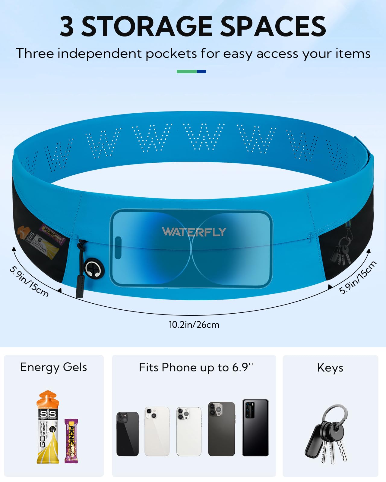 WATERFLY Marsupio da corsa: marsupio sottile per uomo e donna, supporto per telefono per allenamento, fitness, maratona, jogging, blu, Blu, Cintura da corsa leggera