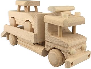 Big Wooden Truck Toy with Ramp & Wooden Car – 100% Natural Eco-Friendly Solid Wood, 11 Inch Car Transporter for Toddlers, Montessori Educational Vehicle Toy, You Can Paint