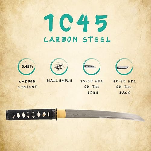 Miniatura 3 de HMS Samurai - Espada japonesa de tanto, Tsuba de hierro, acero al carbono 1045 forjado a mano, templado caliente, Tang, afilado