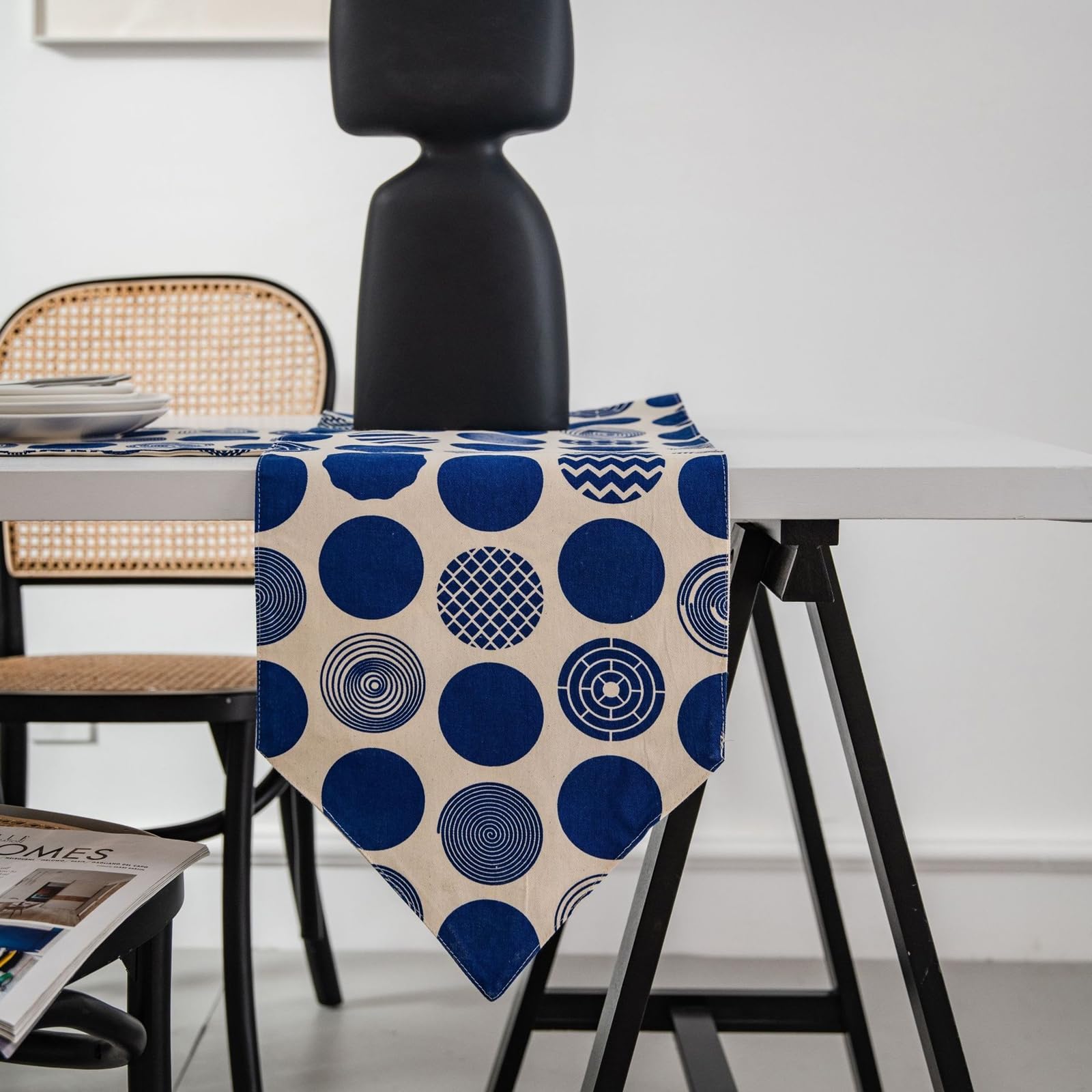 Runner da Tavolo Cotone Poliestere 30x220 cm, Runner da Tavola Moderno Lavabile Motivo Geometrico A Pois Esterno Interni Decorazioni per Tavolino da Compleanni Matrimoni, Beige Blu