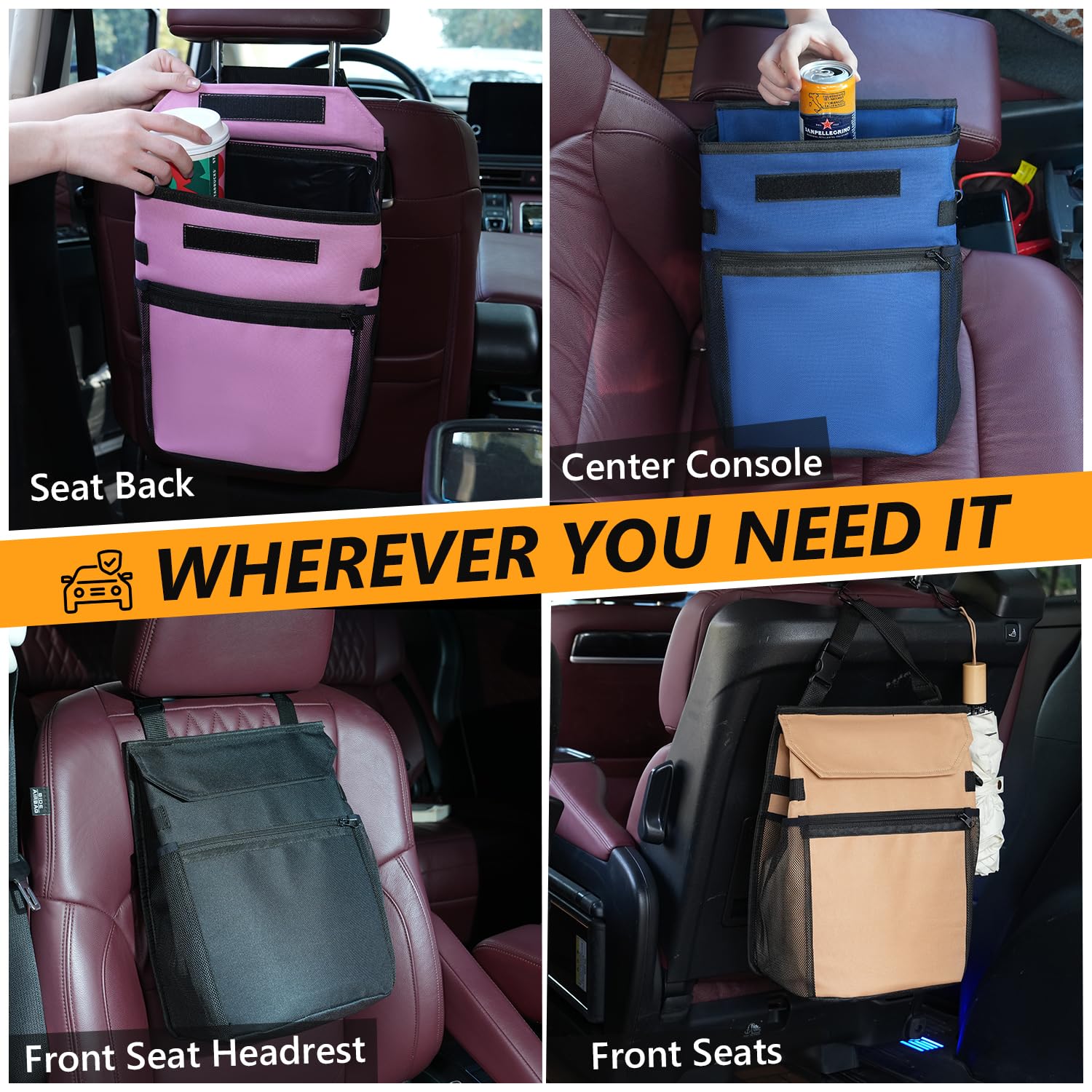 GNEGNI Car Trash Can with Lid, 100% Leak-Proof Removable Liner | Collapsible Automotive Garbage Bin & Car Organizer with Storage Pockets, Universal Fit for Most Vehicles like SUV, Truck, RV