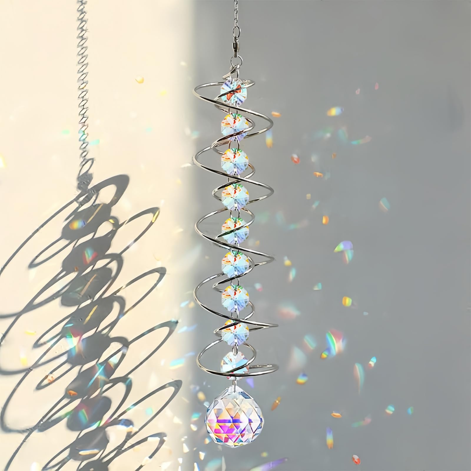 AMFUN Sun Catchers for Windows, Crystal Rainbow Suncatcher, Colorful Hanging Sun catcher with Double-Spiral, Glass Crystals for Indoor Outdoor Decoration, 17.7 inch
