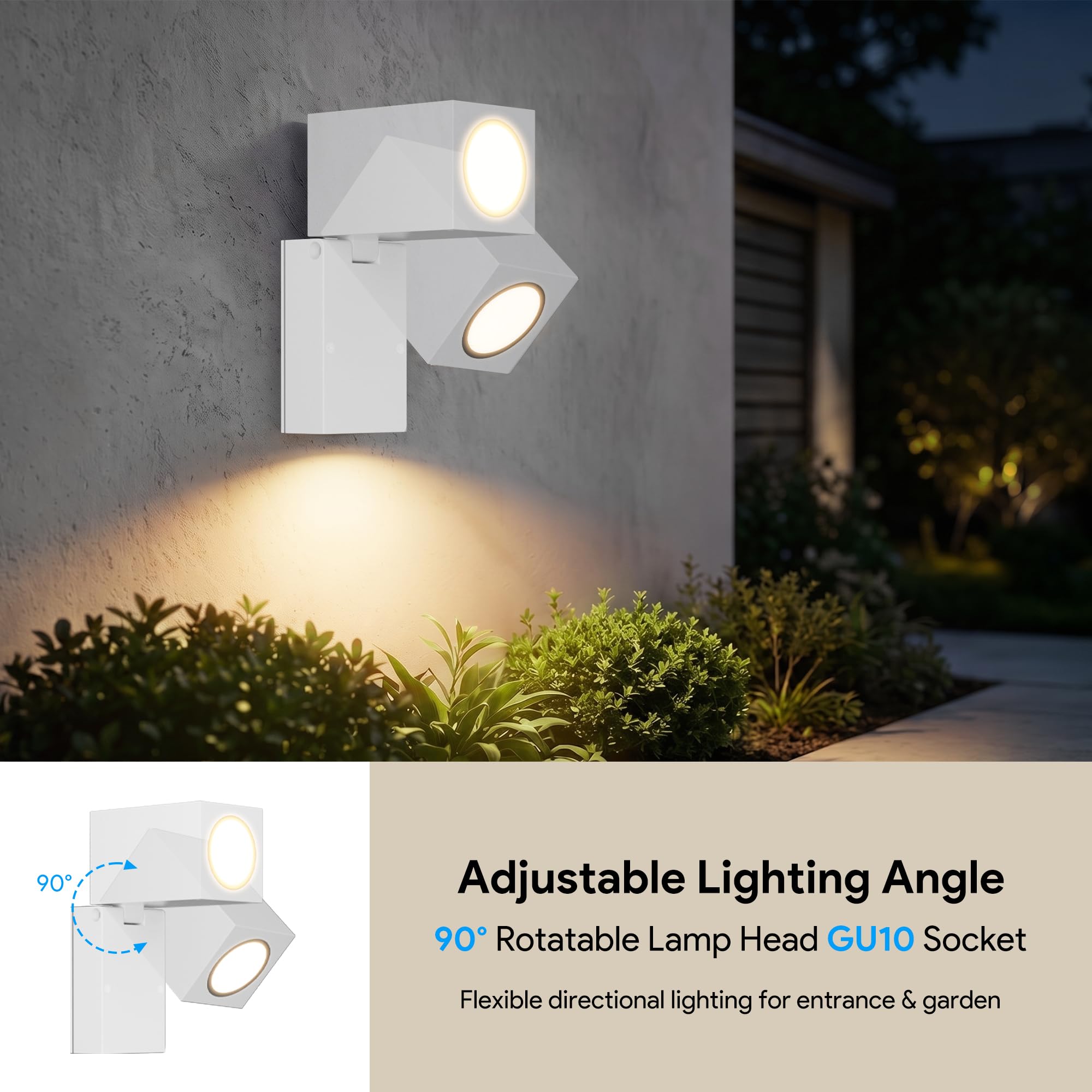Aipsun 2 PCS Applique da Esterno/Interno,Ip65 Lampada da Parete in alluminio applique Gu10/90 gradi orientabili esterno/interno,impermeabile,Applique senza lampadina，Bianco
