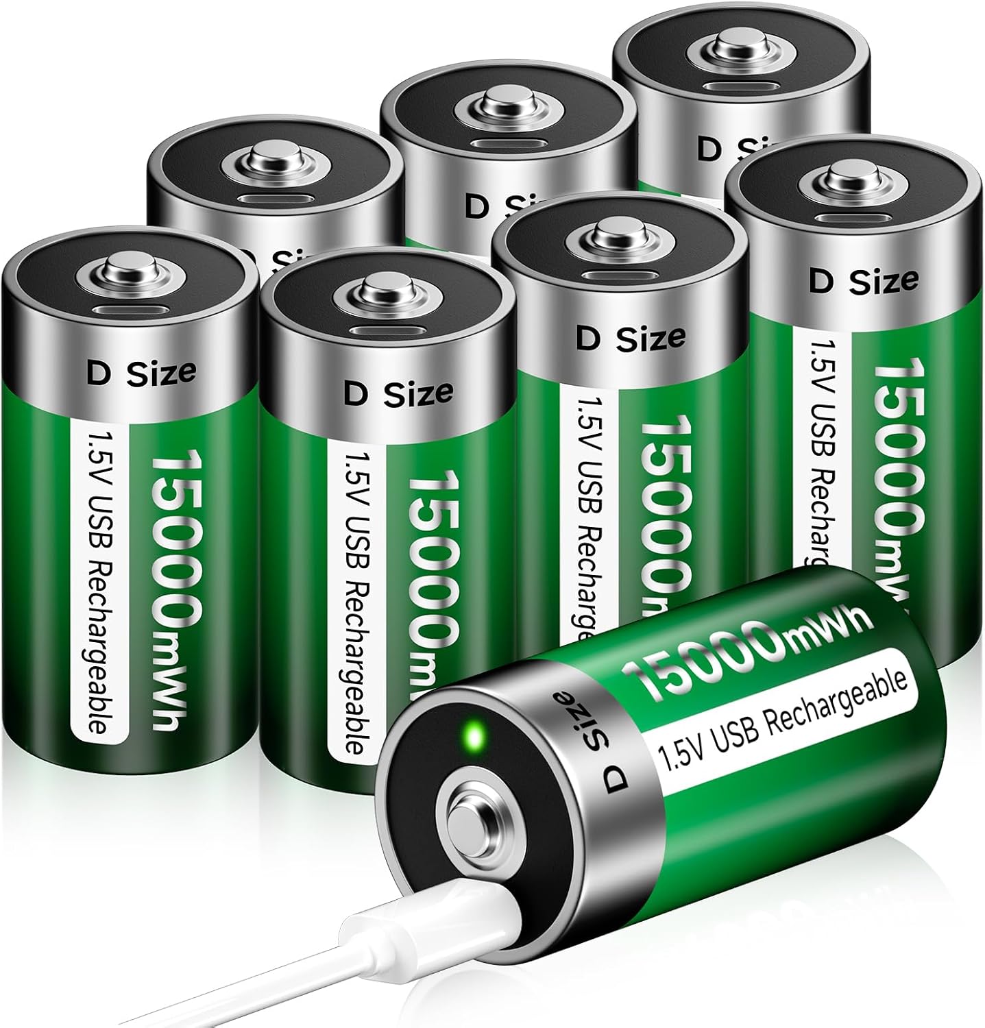 Rechargeable Lithium D Cell Batteries 8 Pack, 15000mWh 1.5V D Size Battery with USB-C 4 in 1 Charging Cable for Flashlight/Floodlight, Toys