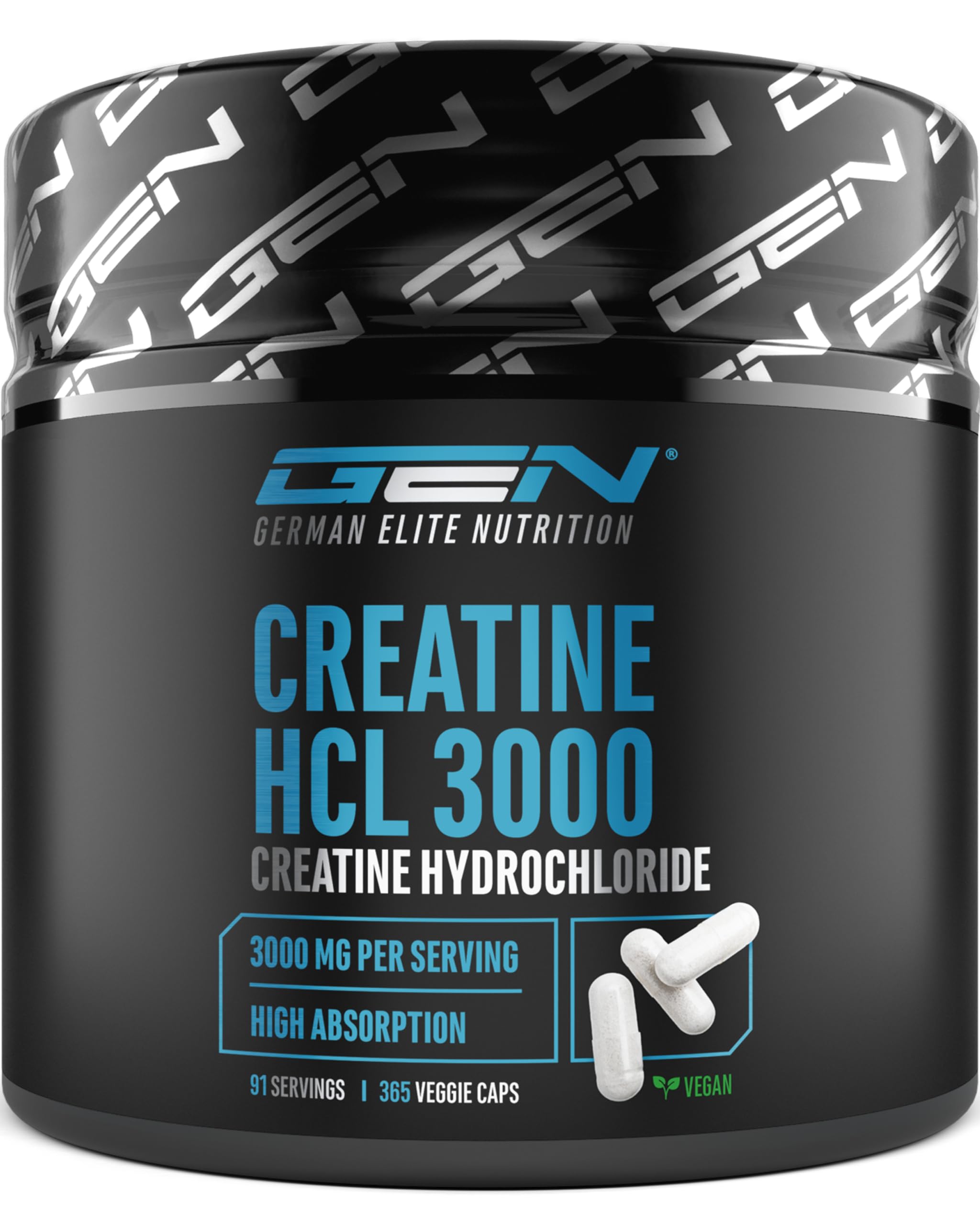 Créatine HCL – 365 Gélules – Hautement Dosé avec 3000 mg de Chlorhydrate de Créatine par Dose Quotidienne – Absorption Maximale & Biodisponibilité – 100% Végane