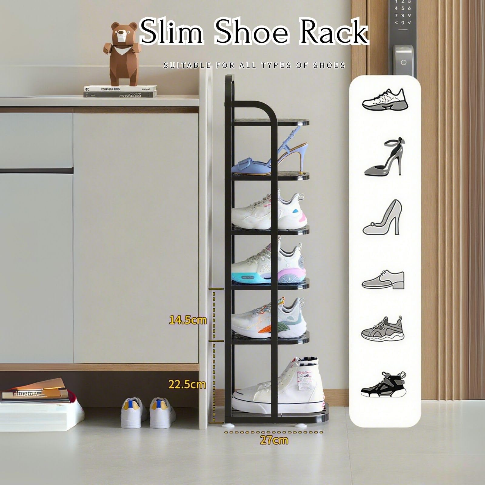 Scarpiera verticale in metallo a 5 ripiani, per spazi ristretti, soluzione perfetta per riporre l'ingresso e l'armadio, elegante bianco (79 cm) Zapateras