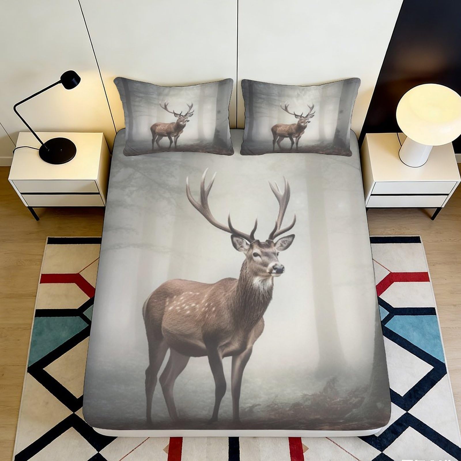 3D Printed Forest Deer Fitted Sheet Microfiber Anti-Slip Bed Cover Woodland Elk Bedroom Decor Machine Washable 90x200x25cm