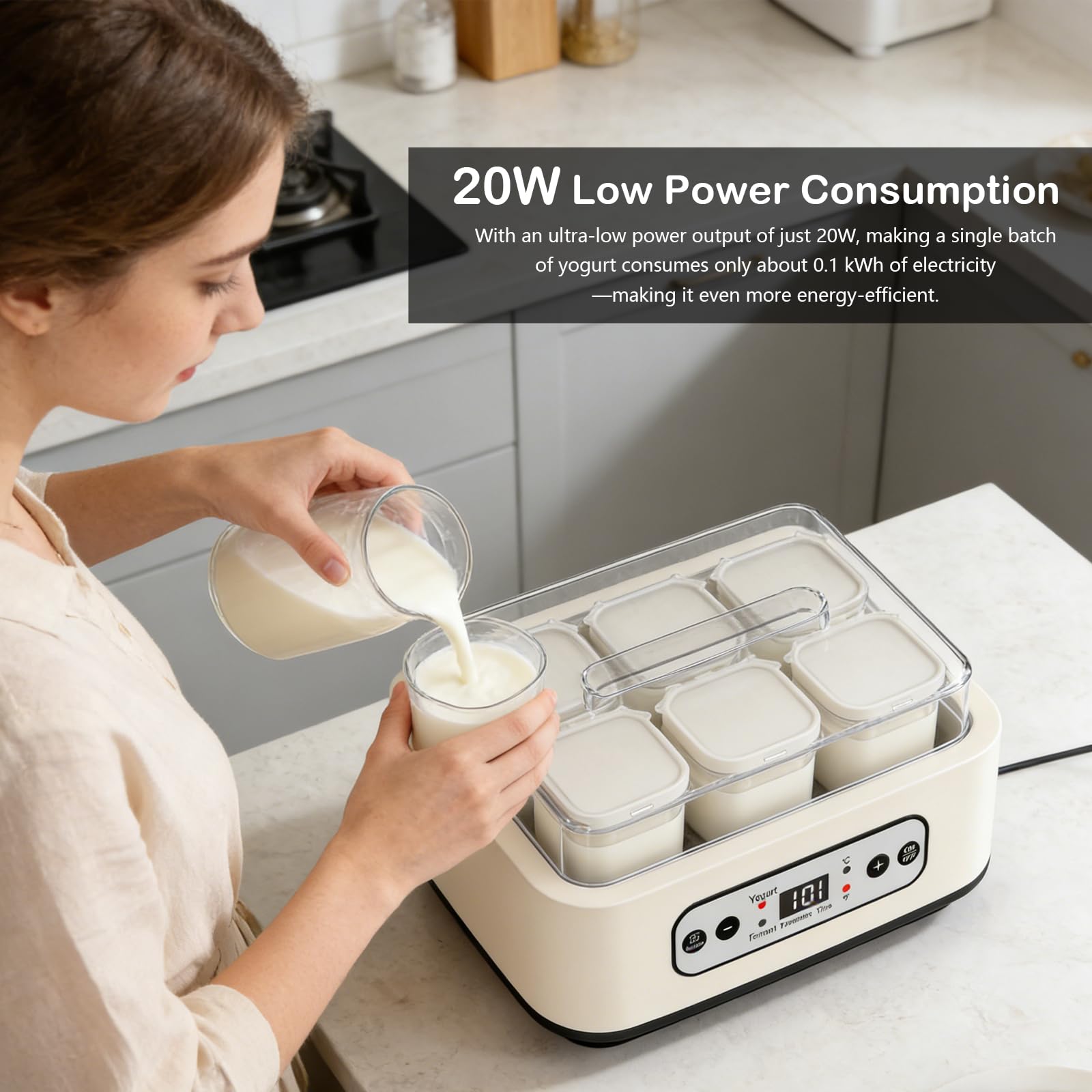 Yogurtiera, Macchina per Yogurt da 1,6L con 6 Vasetti da 250 ml Yogurtiera con Impostazione del Timer da 1 a 99 ore Controllo Della Temperatura da 21 a 48°C e LCD Display per Yogurt Natto Vino di Riso
