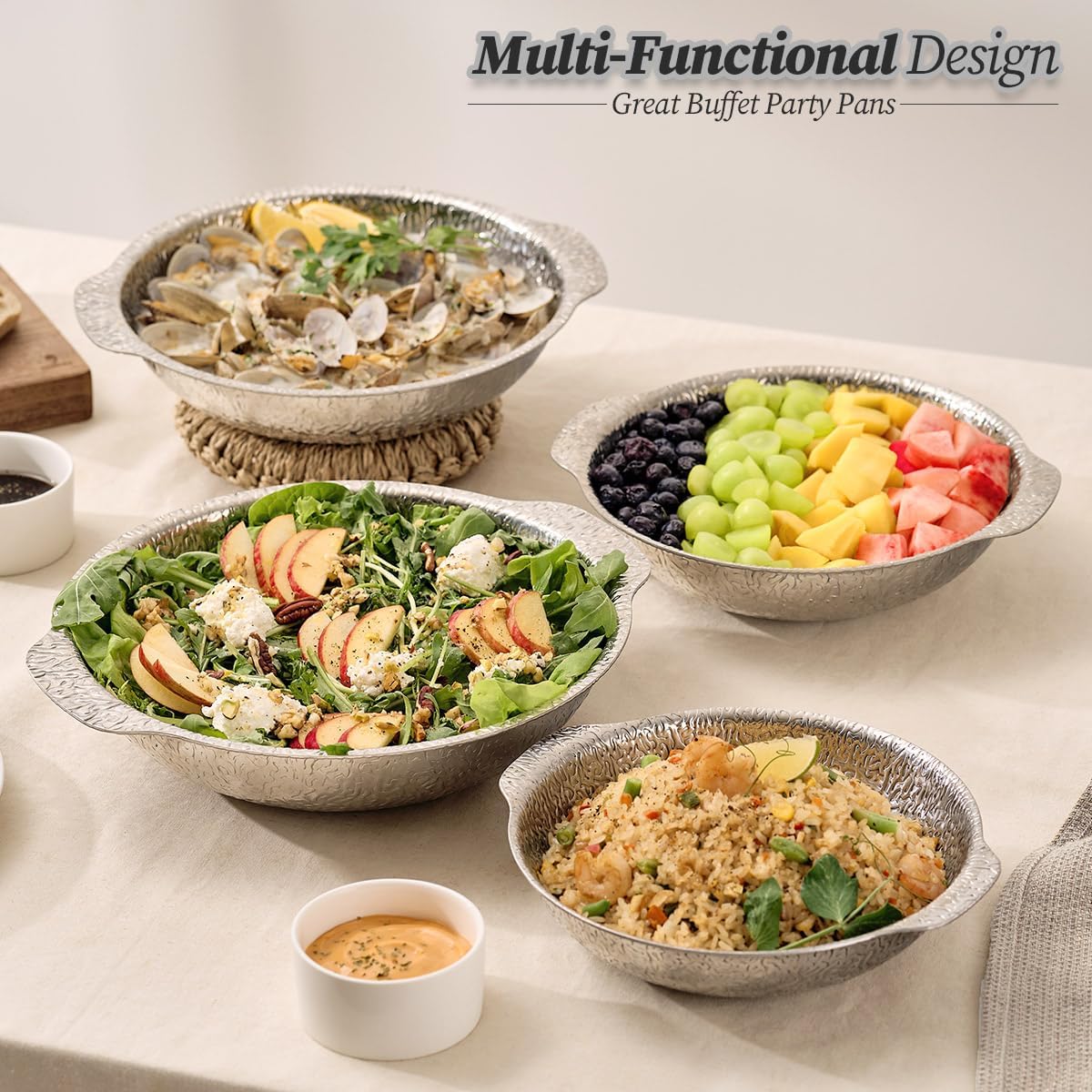 WAGENSTEIGER Stainless Steel Serving Platter, Buffet Party & Catering Pans, Candy Bowl, Ramen Cooking Bowl, 3-Ply Sukiyaki Pan with Aluminum Core (9.45" Diameter With Handles)