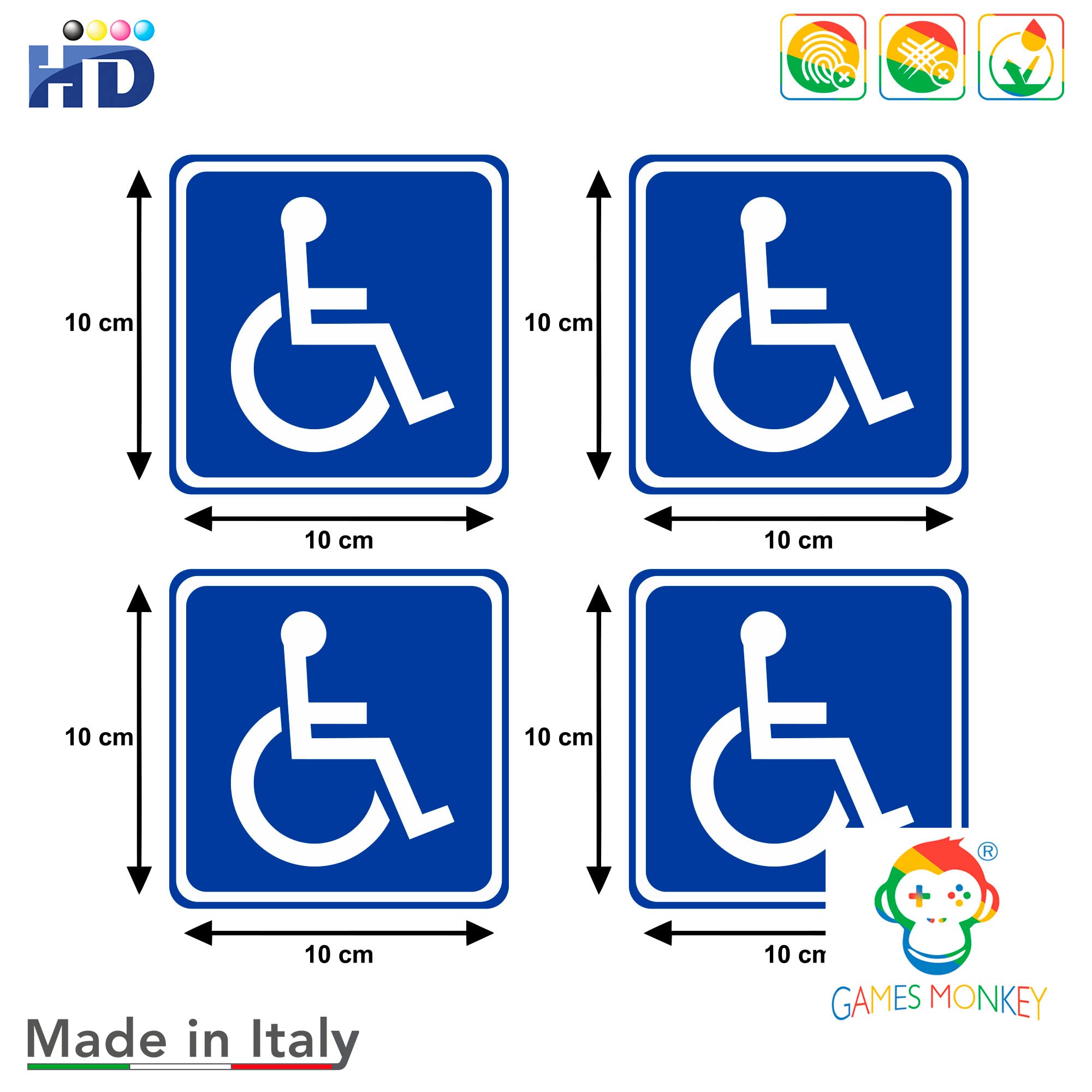 GamesMonkey® - Adesivi Disabili Invalidi Kit - 4 Pezzi - 10x10 cm - Per Uso Esterno e Interno - Auto Van Truck Camion Camper (Kit 4 pezzi - Quadrato)