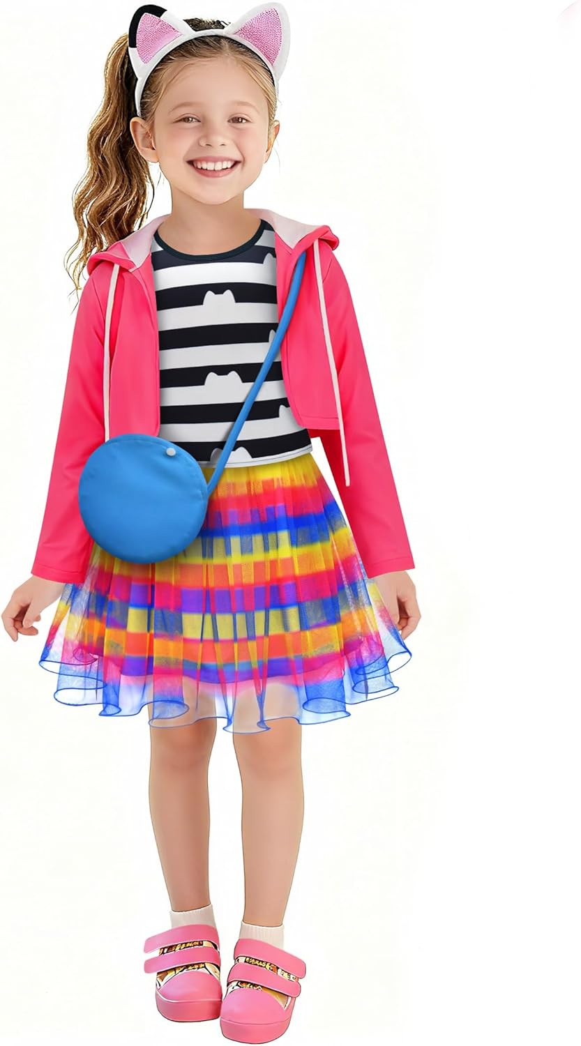 Rainbow Tutu Dress for Toddler Girls Coat Tshirt Skirt Outfit Set with Headband and Bag Kids Halloween Outfits