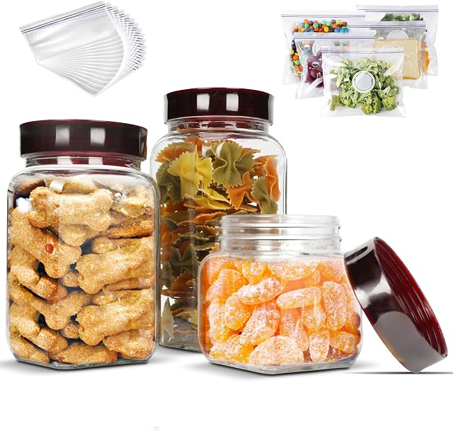 Myiosus Glass Jars with Lids, Clear Airtight Food Storage Containers Set, 3pcs Wide Mouth Kitchen Glass Storage Canisters for Cereal, Pasta, Candy, Cookies