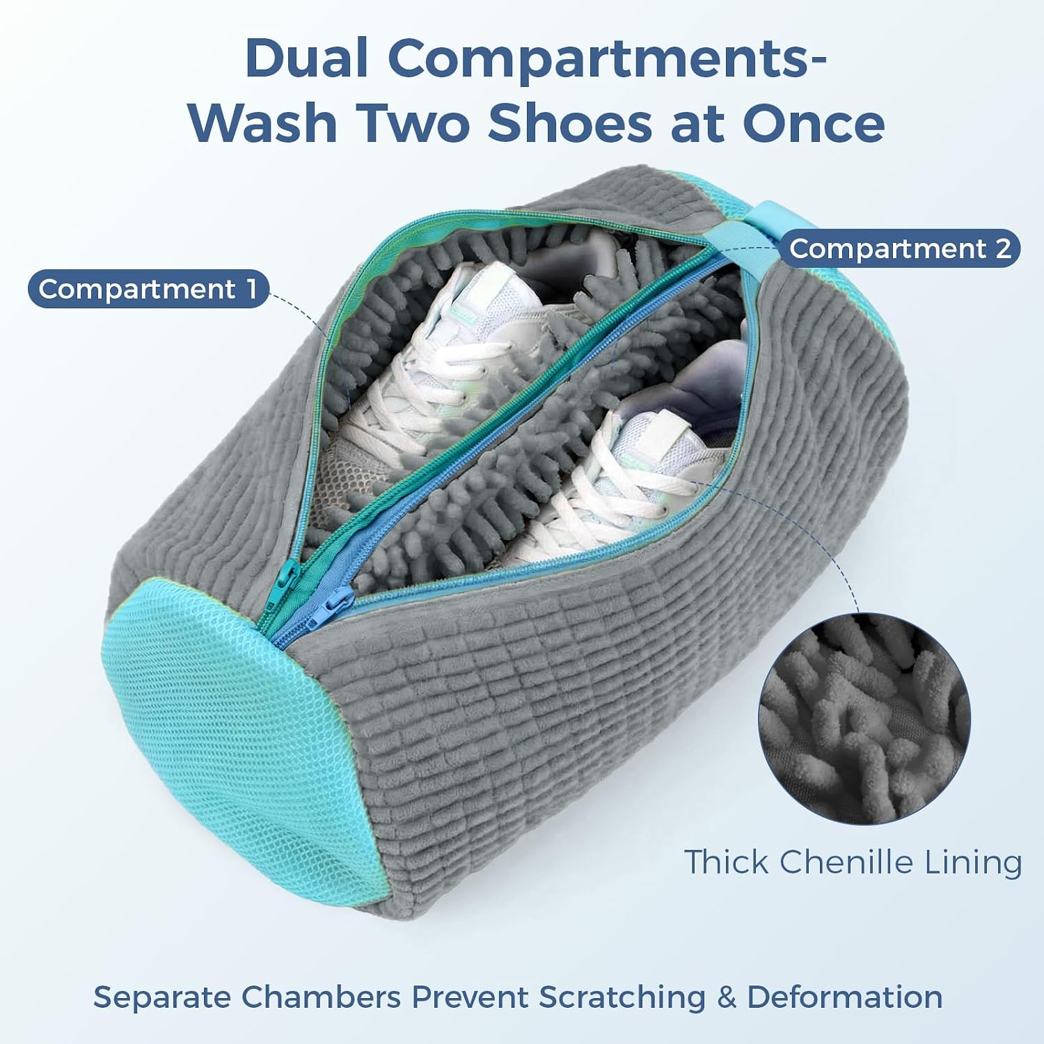Shoe Washing Machine Bag for Sneakers, Double Compartment Shoes Laundry Bag with Chenille Microfiber, Durable Mesh Shoe Wash Bag for Washer & Dryer, Sneaker Cleaner for Running, Tennis & Kids Shoes