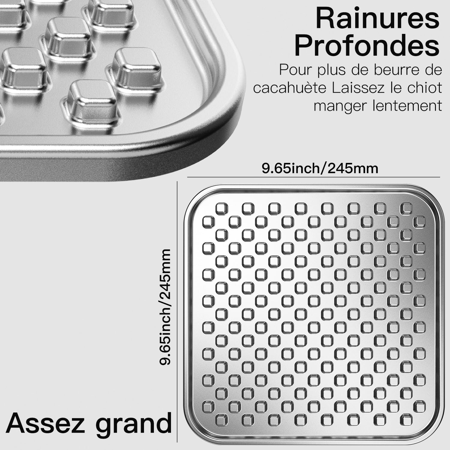 Tapis de Léchage Chien et Chat,Double Paroi Acier Inoxydable 304 Tapis de Leche pour Chien 24,5 cm × 24,5 cm,Antidérapant,Anti-Ingestion,Soulager l'anxiété,Lavable au Lave-Vaisselle(1 PC)