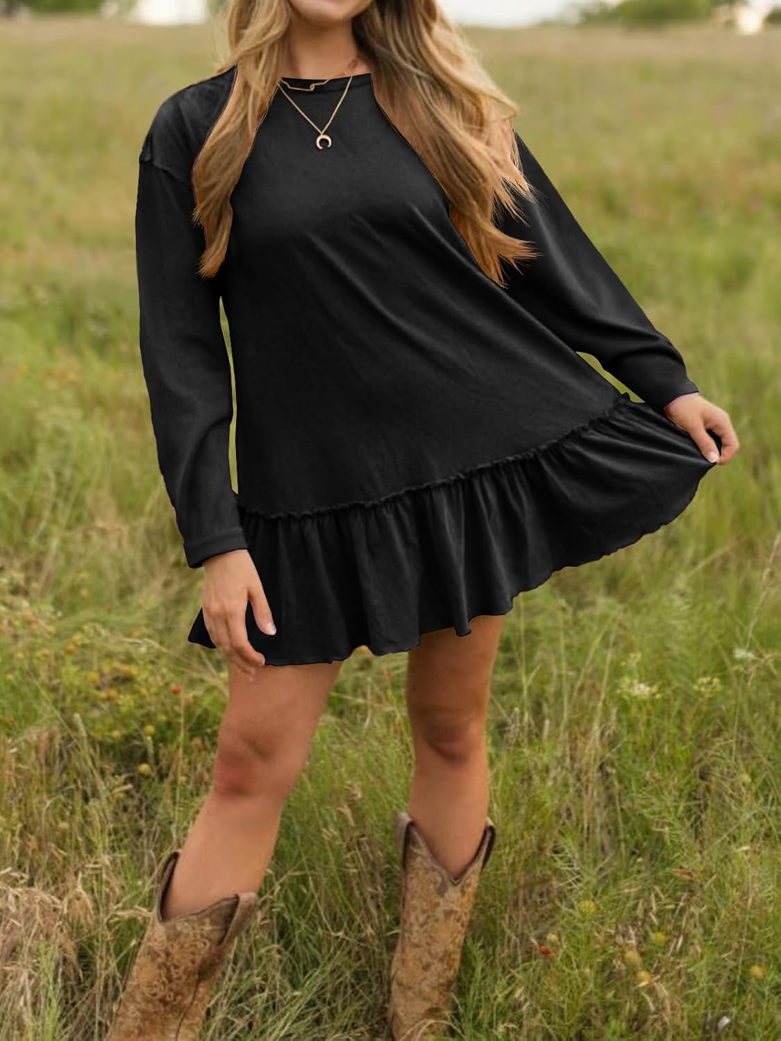 Tankaneo Womens Oversized Peplum Tunic Tops Long Sleeve Babydoll Tops Casual Pleated Shirts Crew Neck Flowy Loose Fit Tees - Image 6